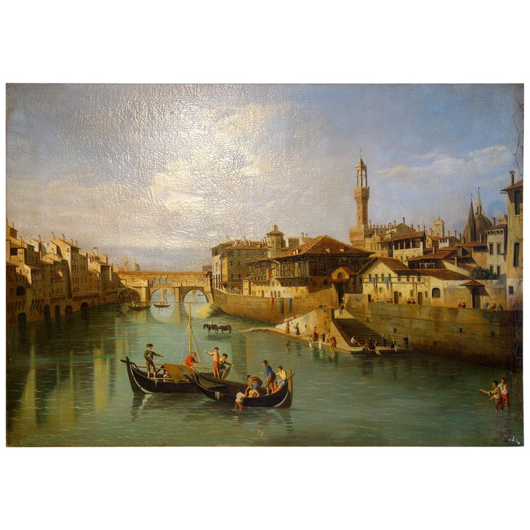 Renaissance Style Painting of Ponte Vecchio Lungo Arno River, Florence