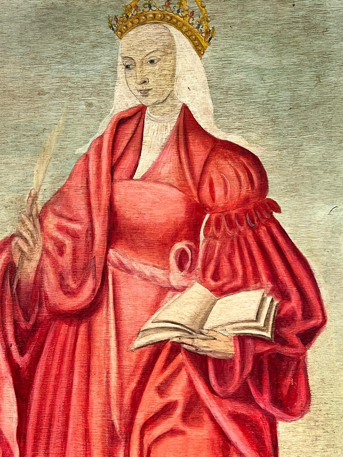 Ritratto di Santa Caterina in stile medievale rinascimentale in piedi in un paesaggio a olio - Painting di Renaissance style 