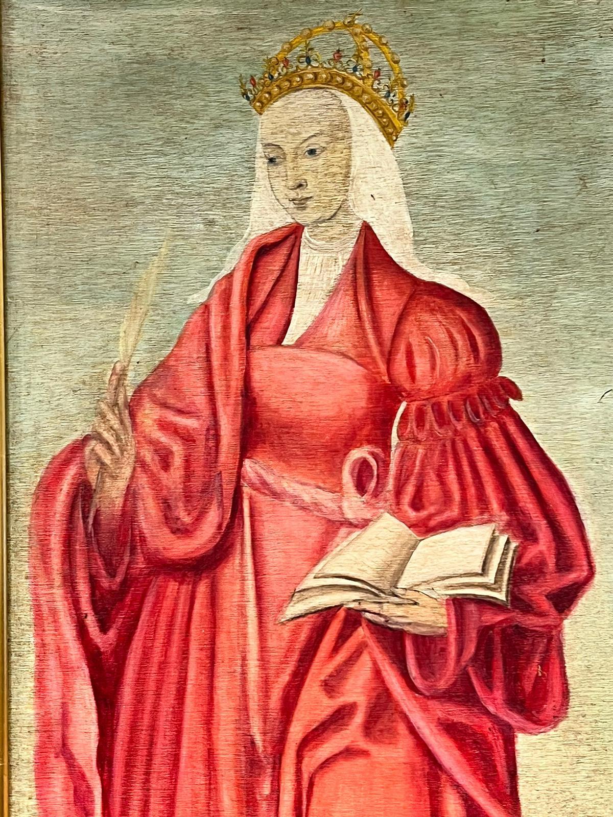Portrait de Sainte-Catherine de style Renaissance médiévale debout dans un paysage à l'huile en vente 2