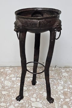 Renaissance Style Patinated BronzeTrifid Brazier w. Lion Heads Paw Feet, C. 1900