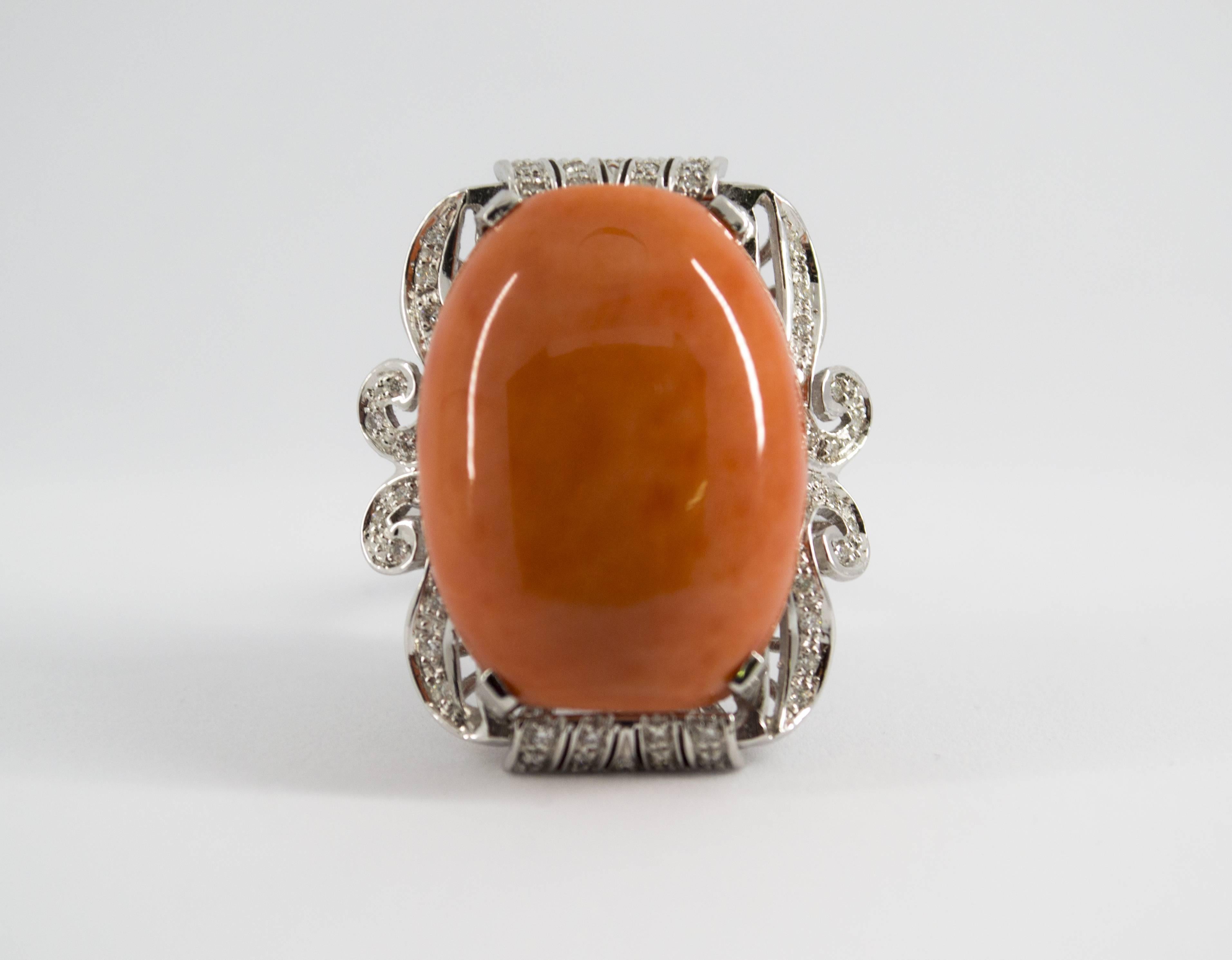 Renaissance Mediterranean Coral 0.40 Carat Diamond White Gold Cocktail Ring 6