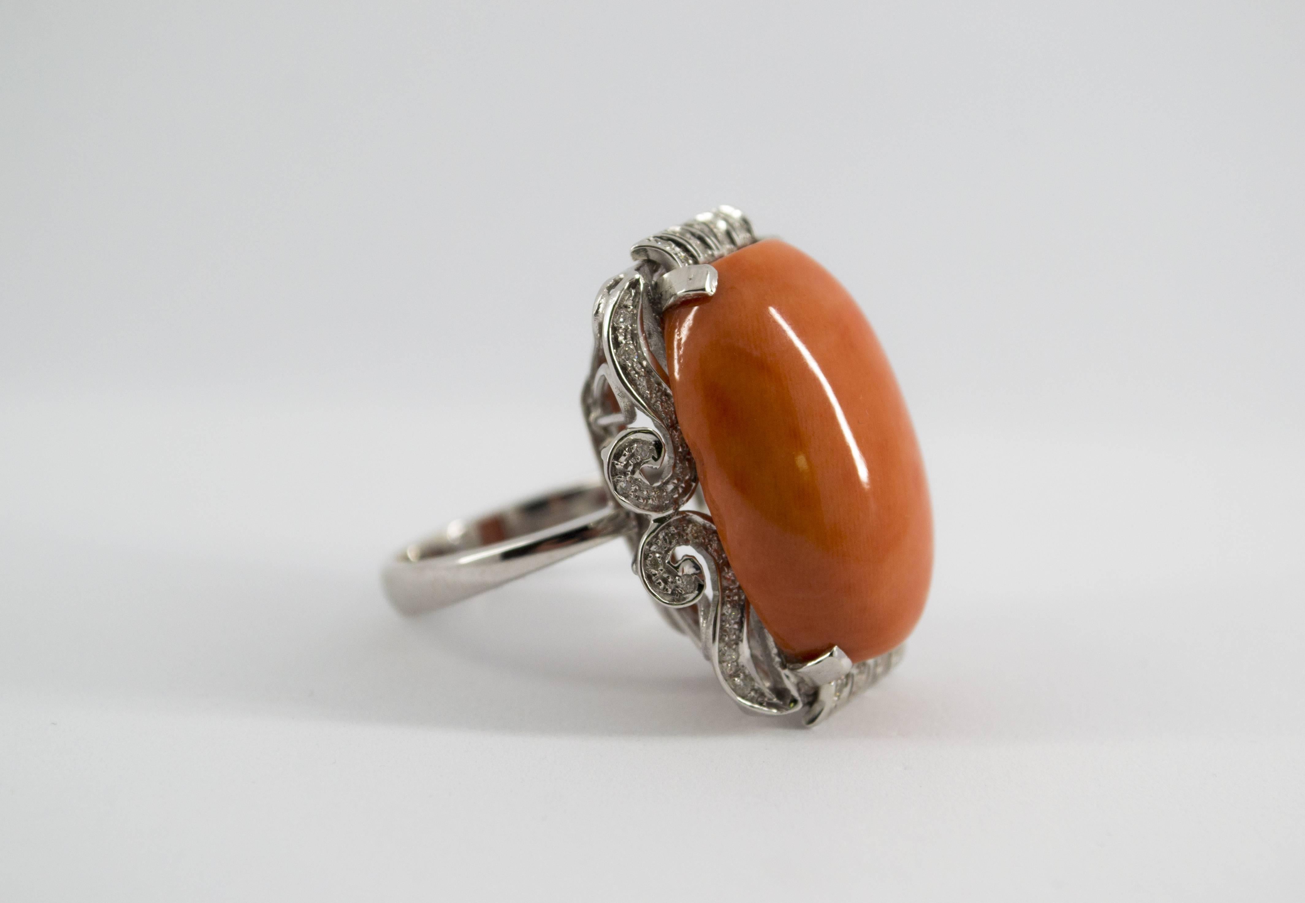 Renaissance Mediterranean Coral 0.40 Carat Diamond White Gold Cocktail Ring 7