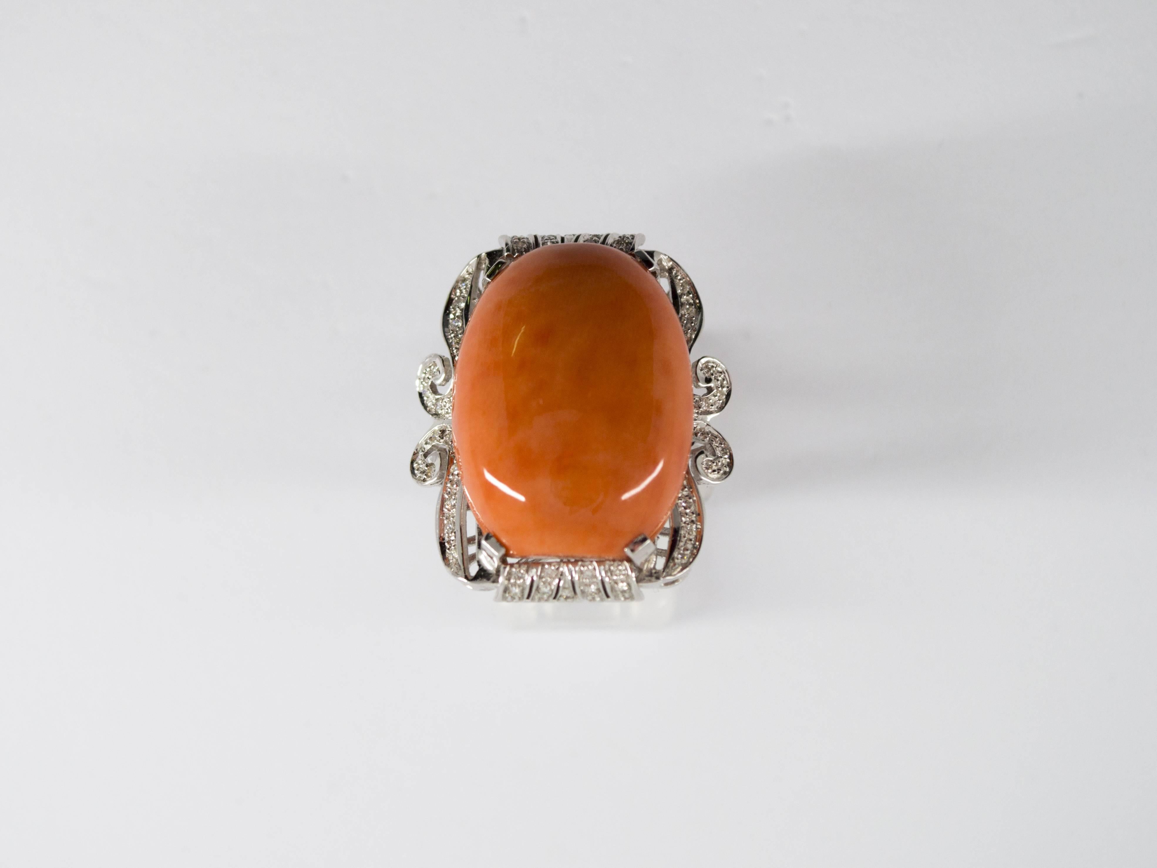 Renaissance Mediterranean Coral 0.40 Carat Diamond White Gold Cocktail Ring In New Condition In Naples, IT