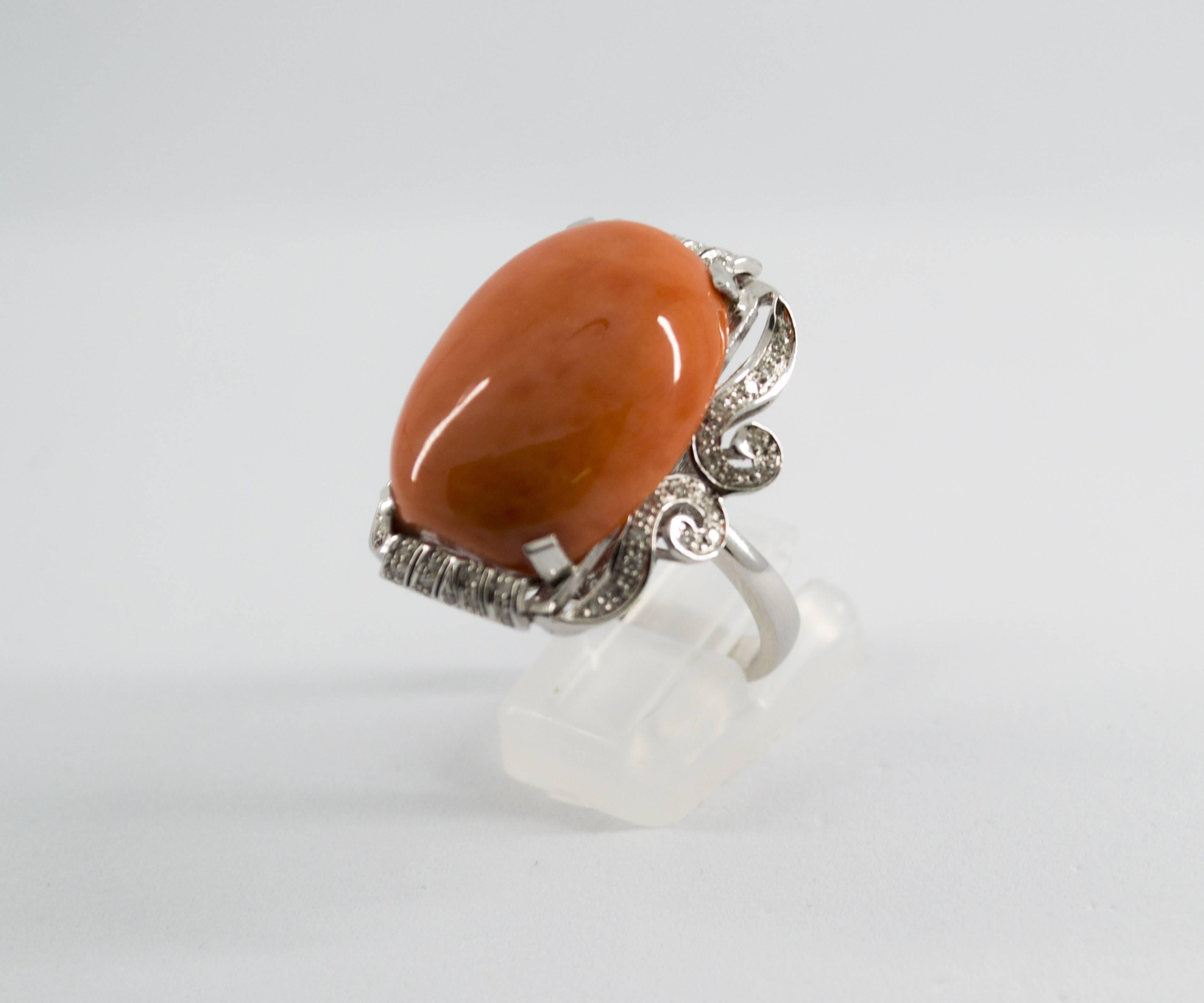 Renaissance Mediterranean Coral 0.40 Carat Diamond White Gold Cocktail Ring 2