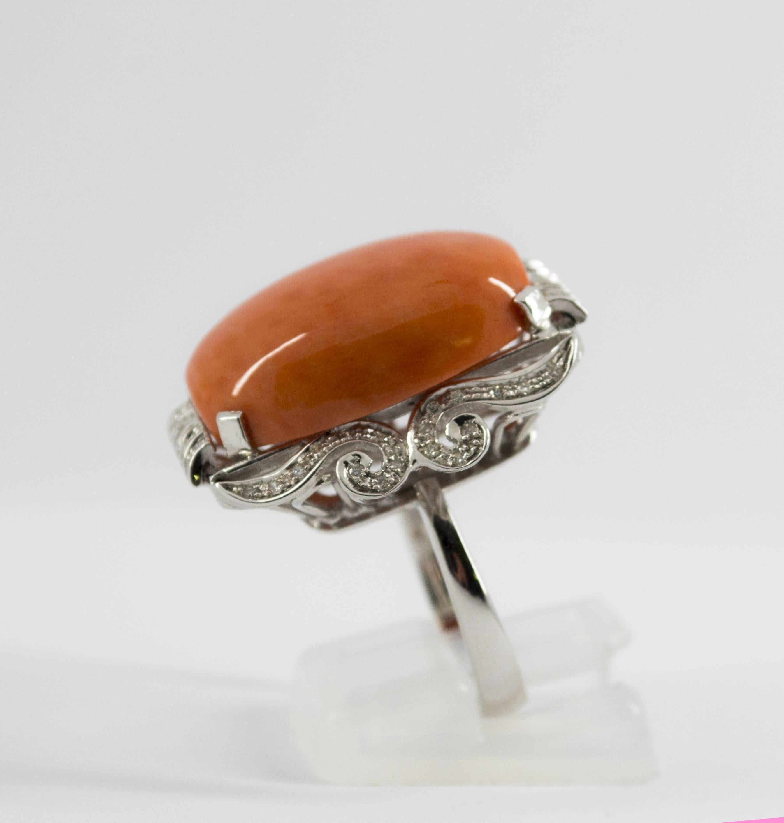 Renaissance Mediterranean Coral 0.40 Carat Diamond White Gold Cocktail Ring 3