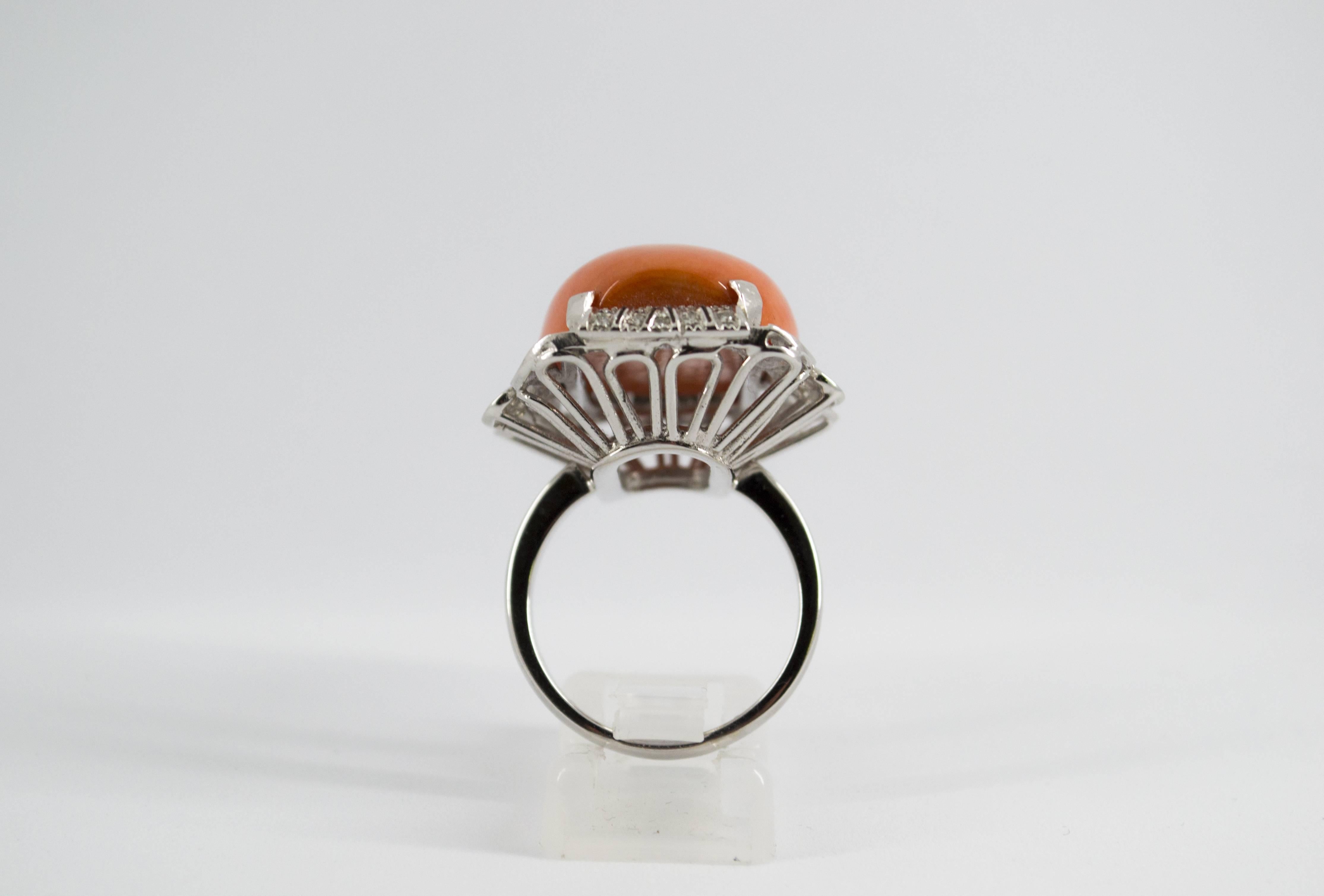 Renaissance Mediterranean Coral 0.40 Carat Diamond White Gold Cocktail Ring 4