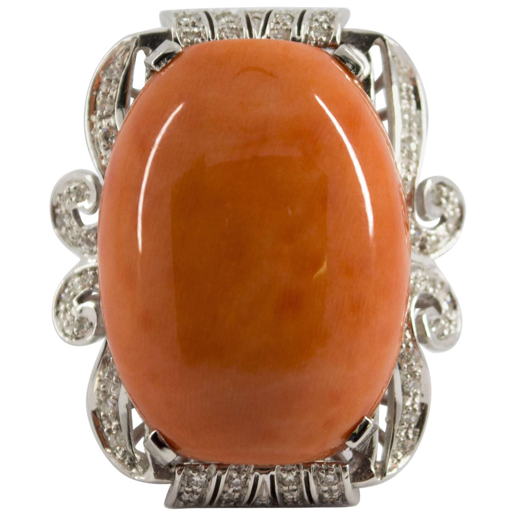 Renaissance Mediterranean Coral 0.40 Carat Diamond White Gold Cocktail Ring