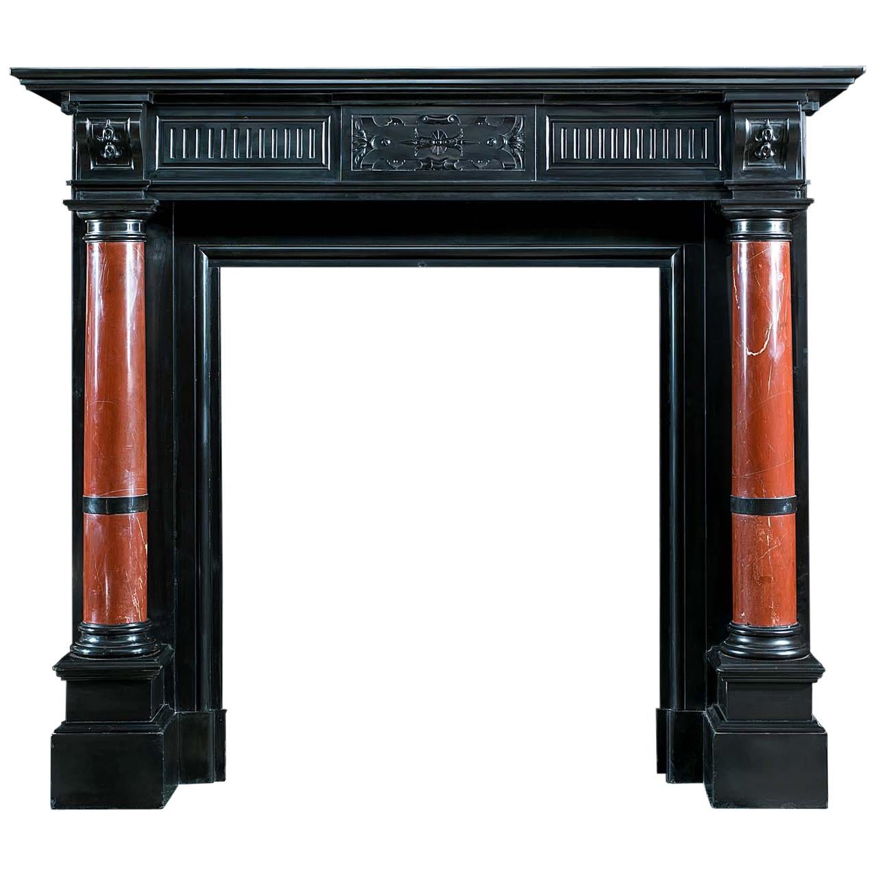 Renaissance Style Polished Belgian Black Marble Fireplace 