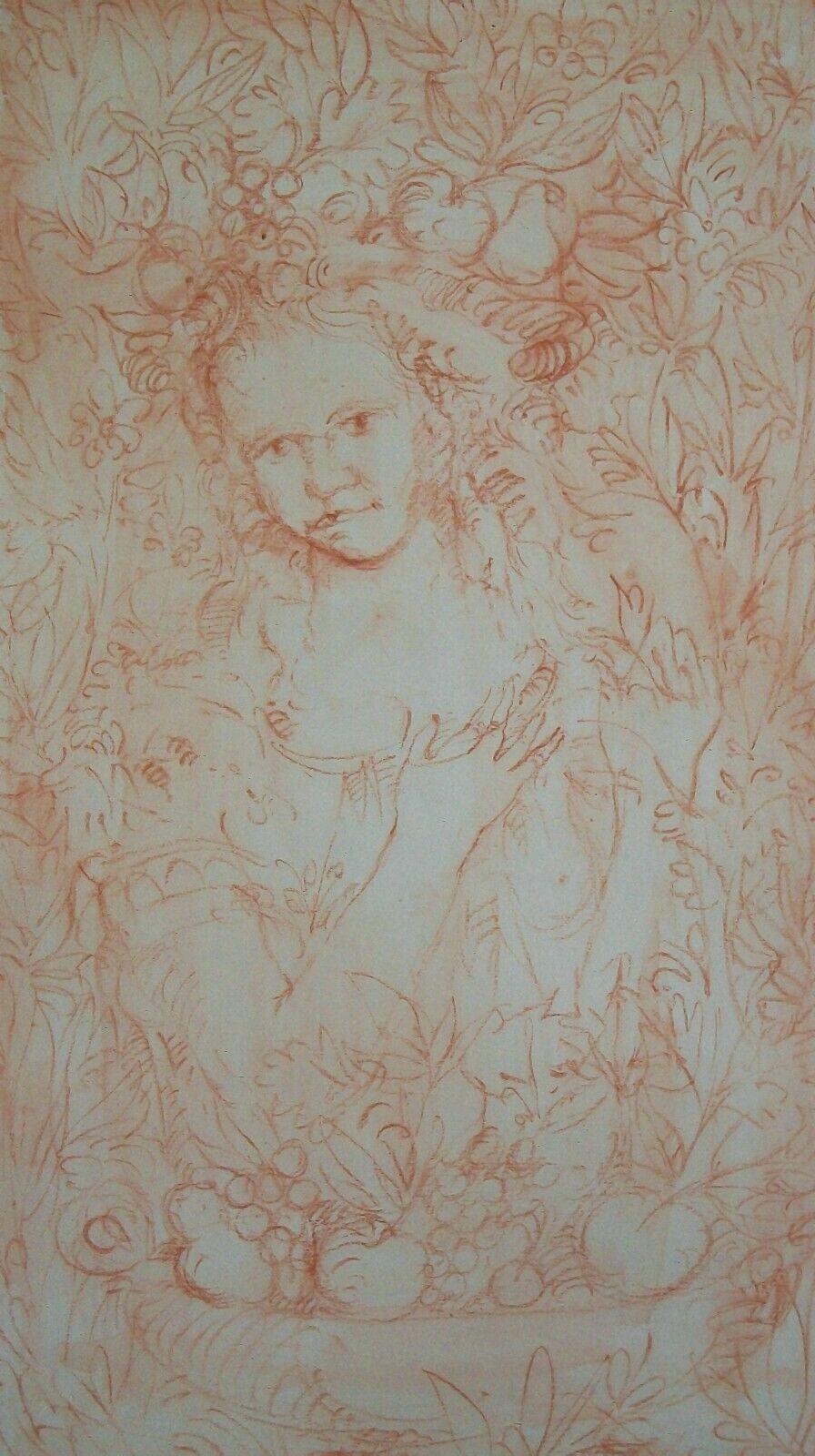 Aquarellierte Rötelzeichnung im Stil der Renaissance auf Papier - mit dem Halbporträt einer jungen Frau in einer bäuerlichen Bluse, die von Pflanzen und Blättern umgeben ist - im Vordergrund eine Schale mit Früchten - dünne helle Graphitstiftlinie