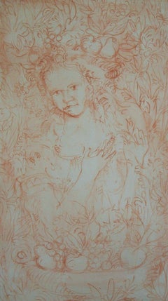 Dessin sang-de-bœuf et aquarelle de style Renaissance, signé, Italie, 20ème siècle