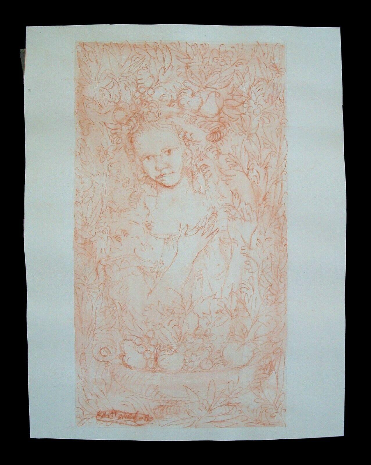 Renaissance Style Sanguine & Watercolor Drawing, Signed, Italy, 20th Century In Good Condition For Sale In Chatham, ON