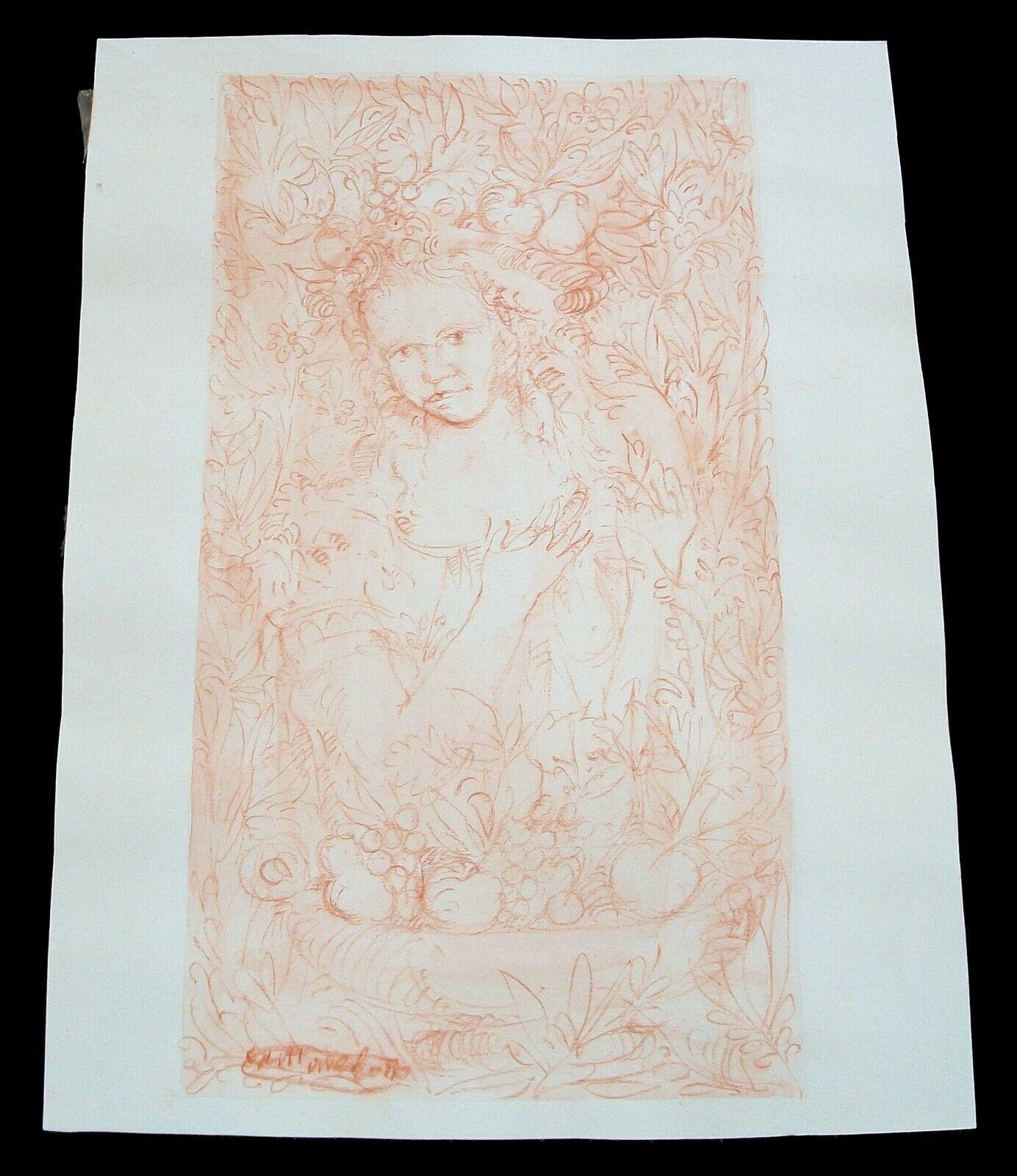 Paper Renaissance Style Sanguine & Watercolor Drawing, Signed, Italy, 20th Century For Sale