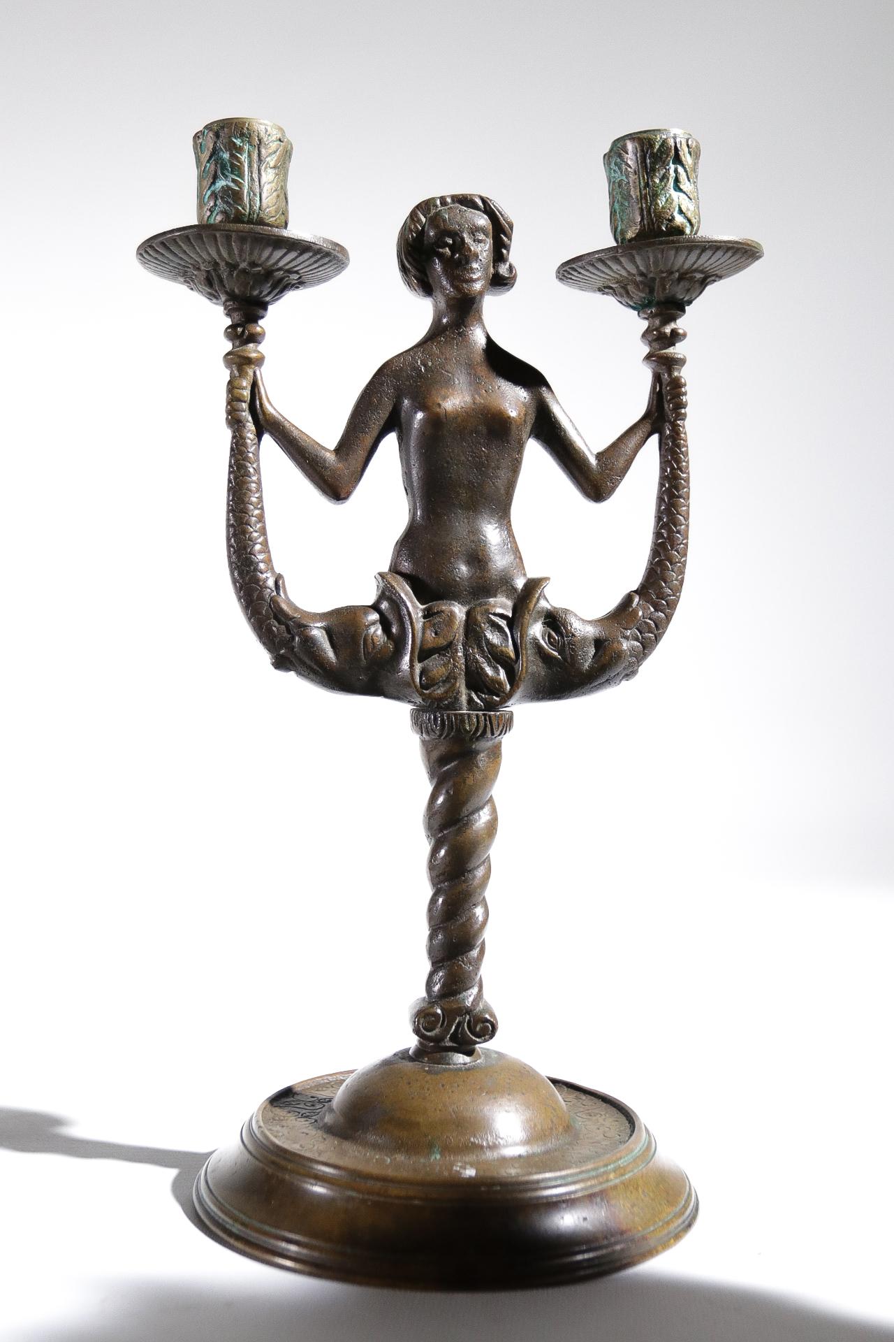 Pair of candleholder made in France in the 19th century.
Model inspired from the 15th century Renaissance
Made of bronze in good condition but one dish is missing.
Very decorative.
Measures: H 32.5 cm, W 19 cm, ø 15cm.