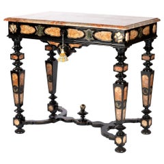 Renaissance Style Table in Black Lacquered Wood and Marble, 19th Century