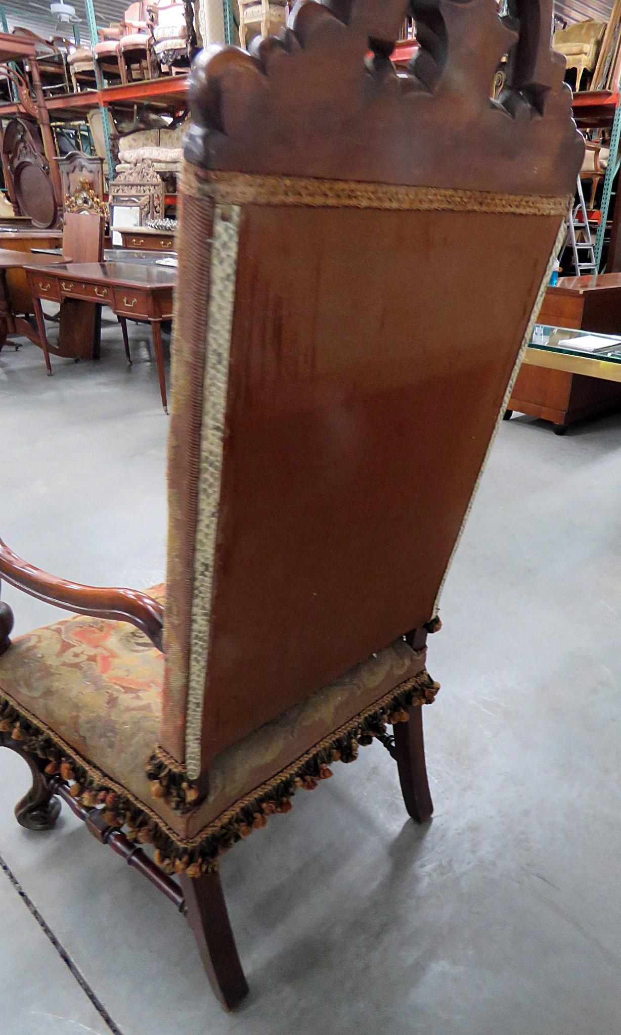 Tall Carved Walnut Victorian Courtship Scene Tapestry Throne Chair 2