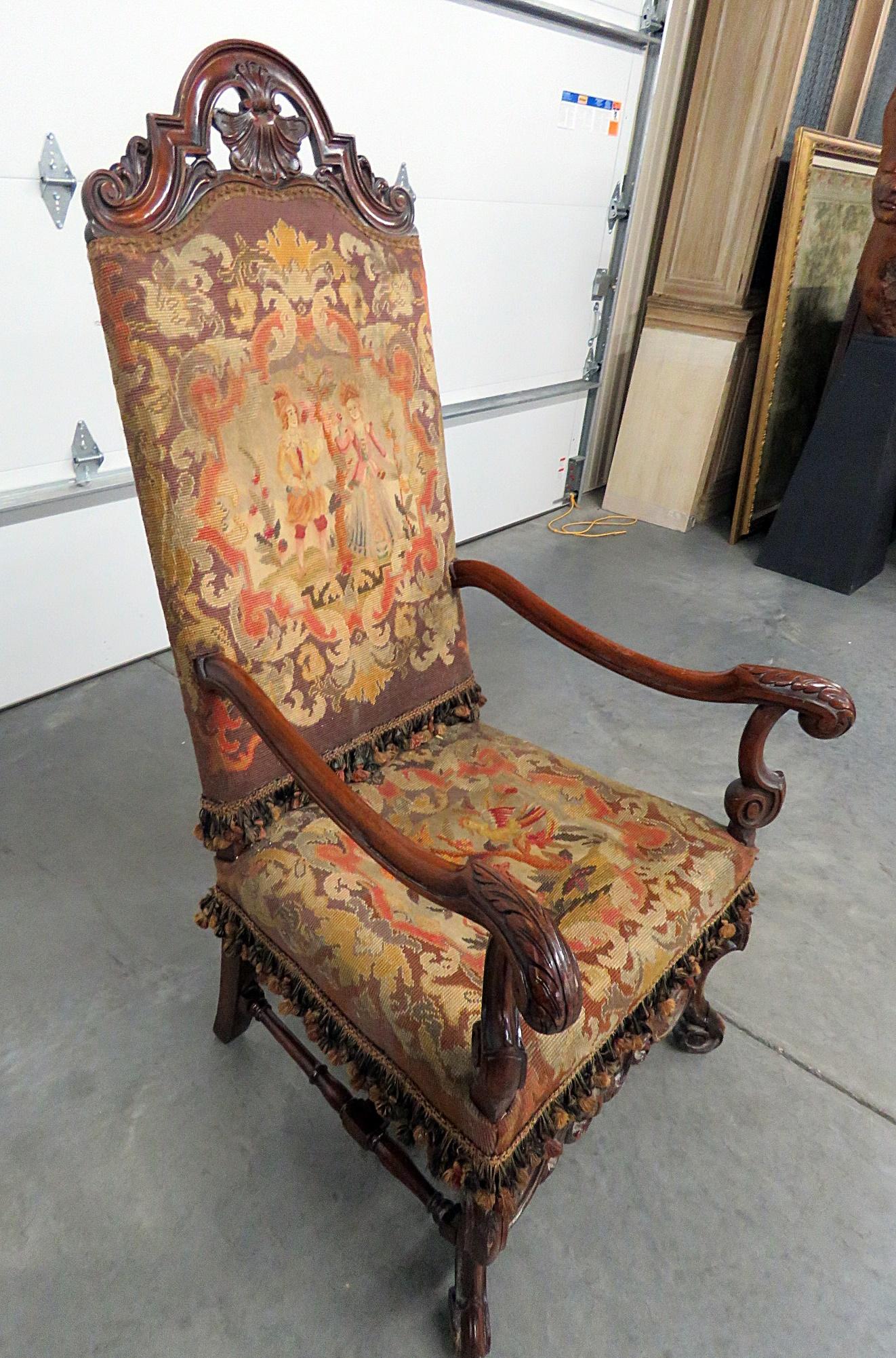 Renaissance Tall Carved Walnut Victorian Courtship Scene Tapestry Throne Chair