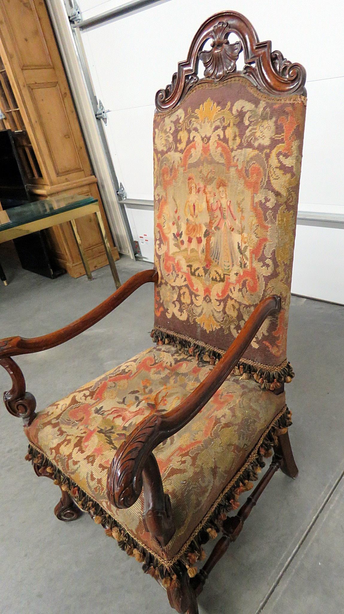 20th Century Tall Carved Walnut Victorian Courtship Scene Tapestry Throne Chair