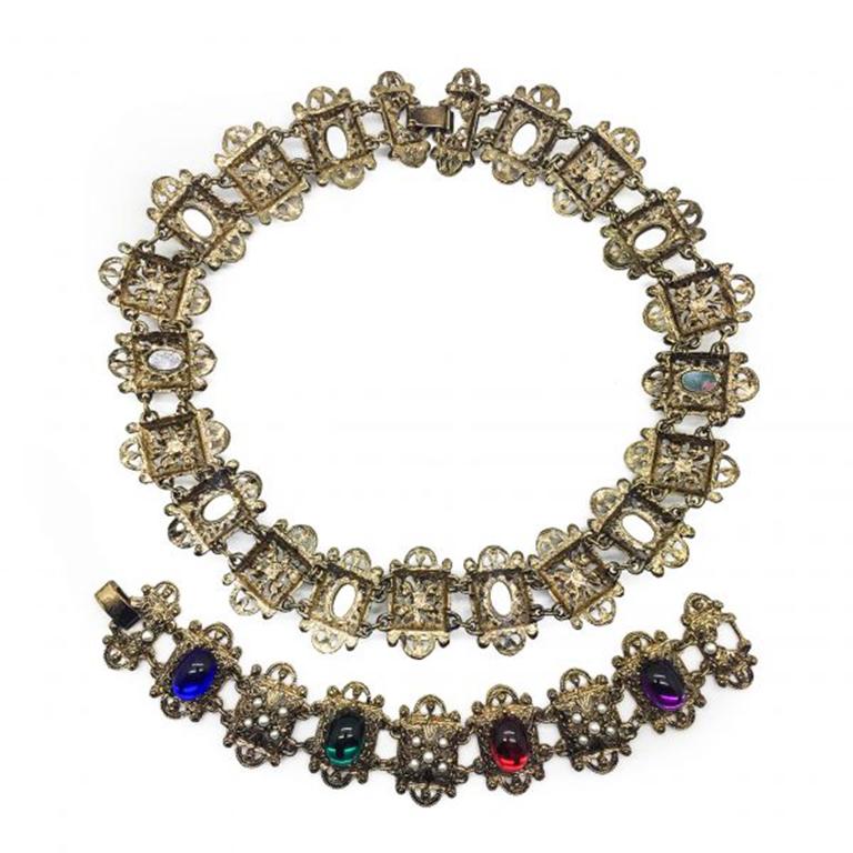 Vintage Renaissance Inspired Jewelled Necklace & Bracelet Demi-Parure 1980s In Good Condition For Sale In Wilmslow, GB
