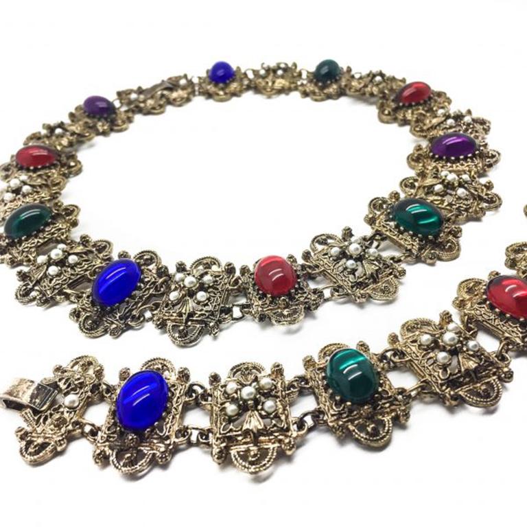 Women's Vintage Renaissance Inspired Jewelled Necklace & Bracelet Demi-Parure 1980s For Sale