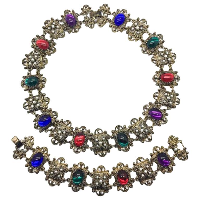 Vintage Renaissance Inspired Jewelled Necklace & Bracelet Demi-Parure 1980s For Sale