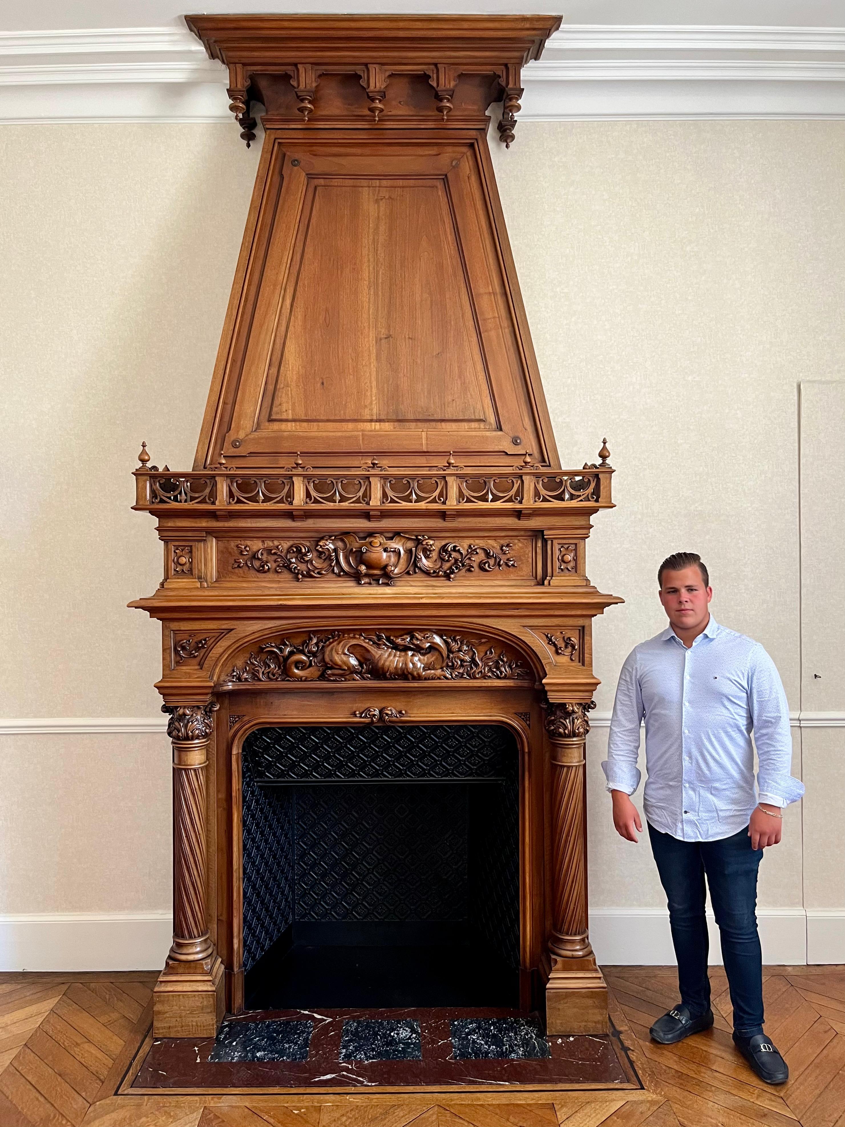 Renaissance Style Walnut Castle Fireplace, Height 3m61 - XIXth century For Sale 14