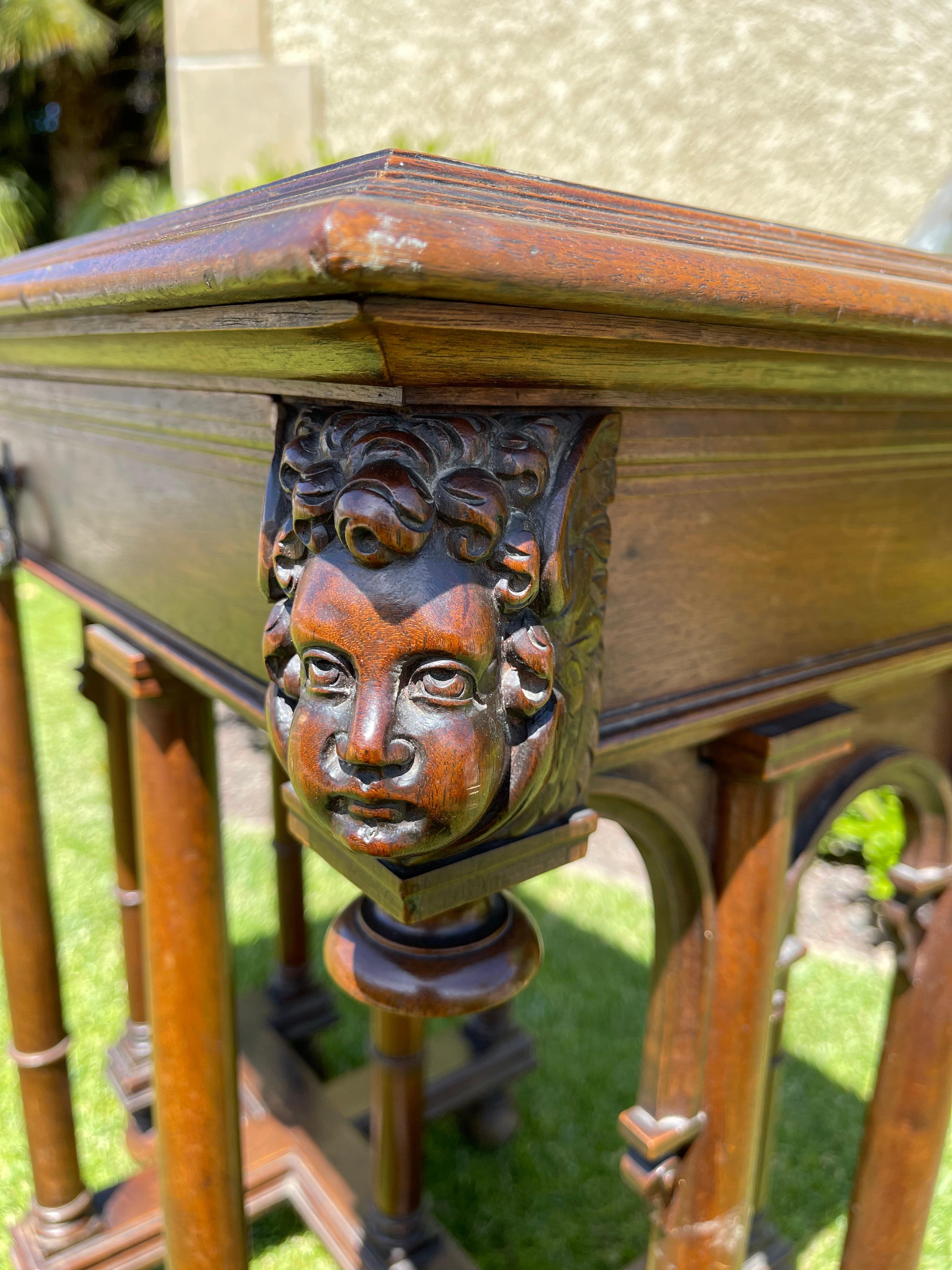 Hand-Carved Renaissance Style Walnut Small Table, 19th Century
