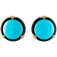 Renaissance Turquoise Onyx 0.20 Carat White Diamond Yellow Gold Clip-On Earrings