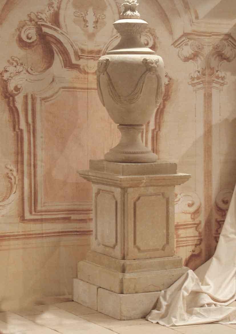 A very large and tall Renaissance Italian style urn, hand-carved in pure solid limestone, art traditional work. Pedestal included.
A pair is available, price per item (one urn with its pedestal).
Ready for installation and to display as it is.
 More
