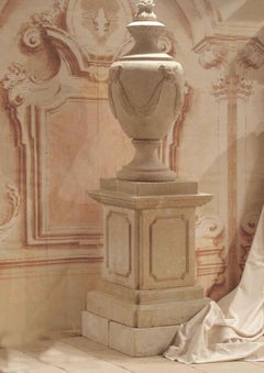 Renaissance Urn Italian Style, Hand-Carved Pure Limestone, Including Pedestal