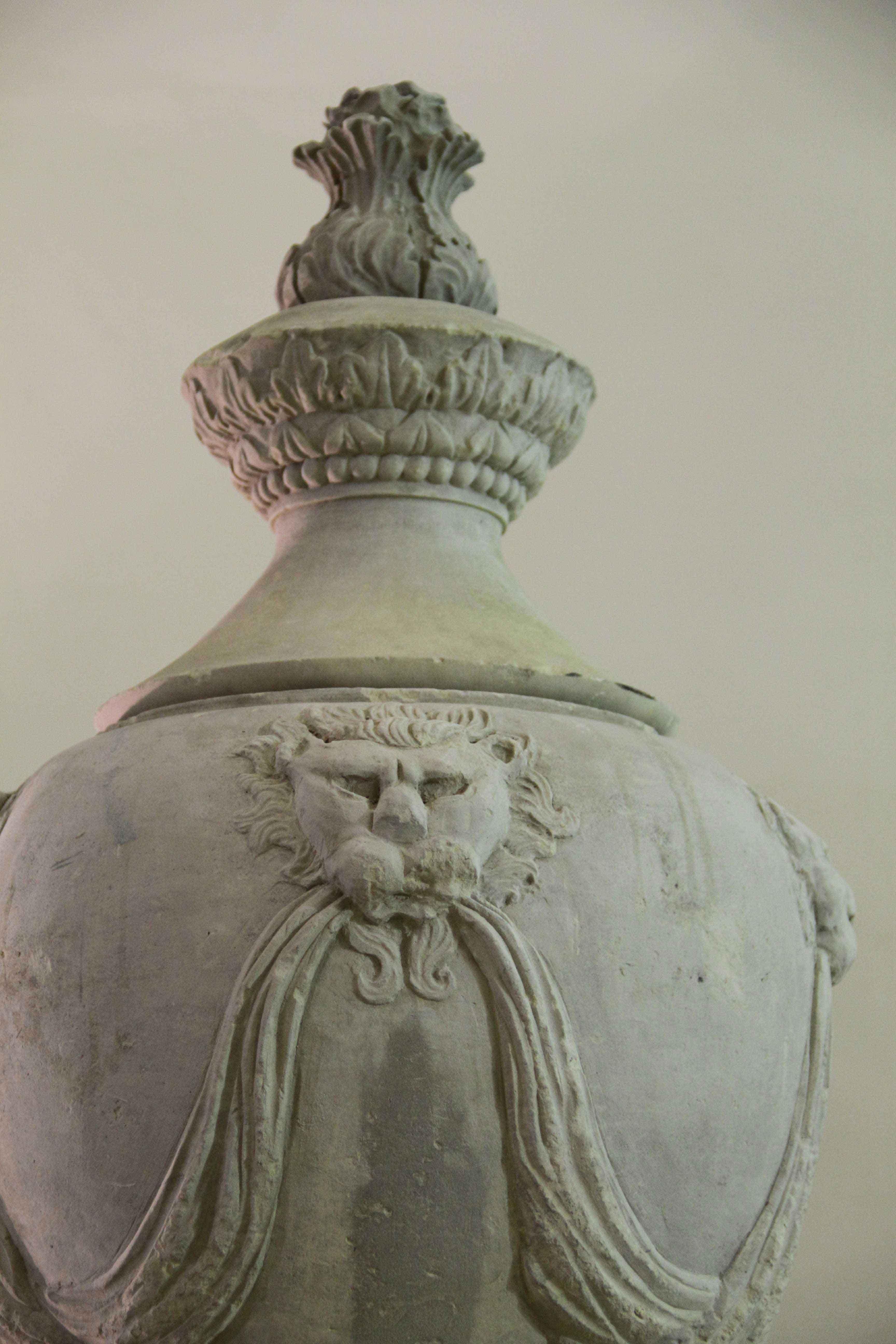 Renaissance Urn Italian Style, Hand-Carved Pure Limestone, Including Pedestal In Good Condition For Sale In LOS ANGELES, CA