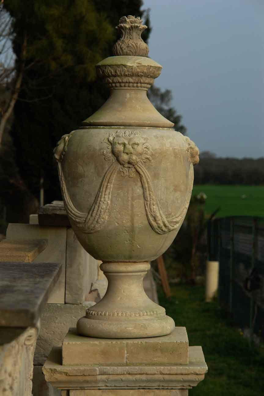 Renaissance Urn Italian Style, Hand-Carved Pure Limestone, Including Pedestal For Sale 2