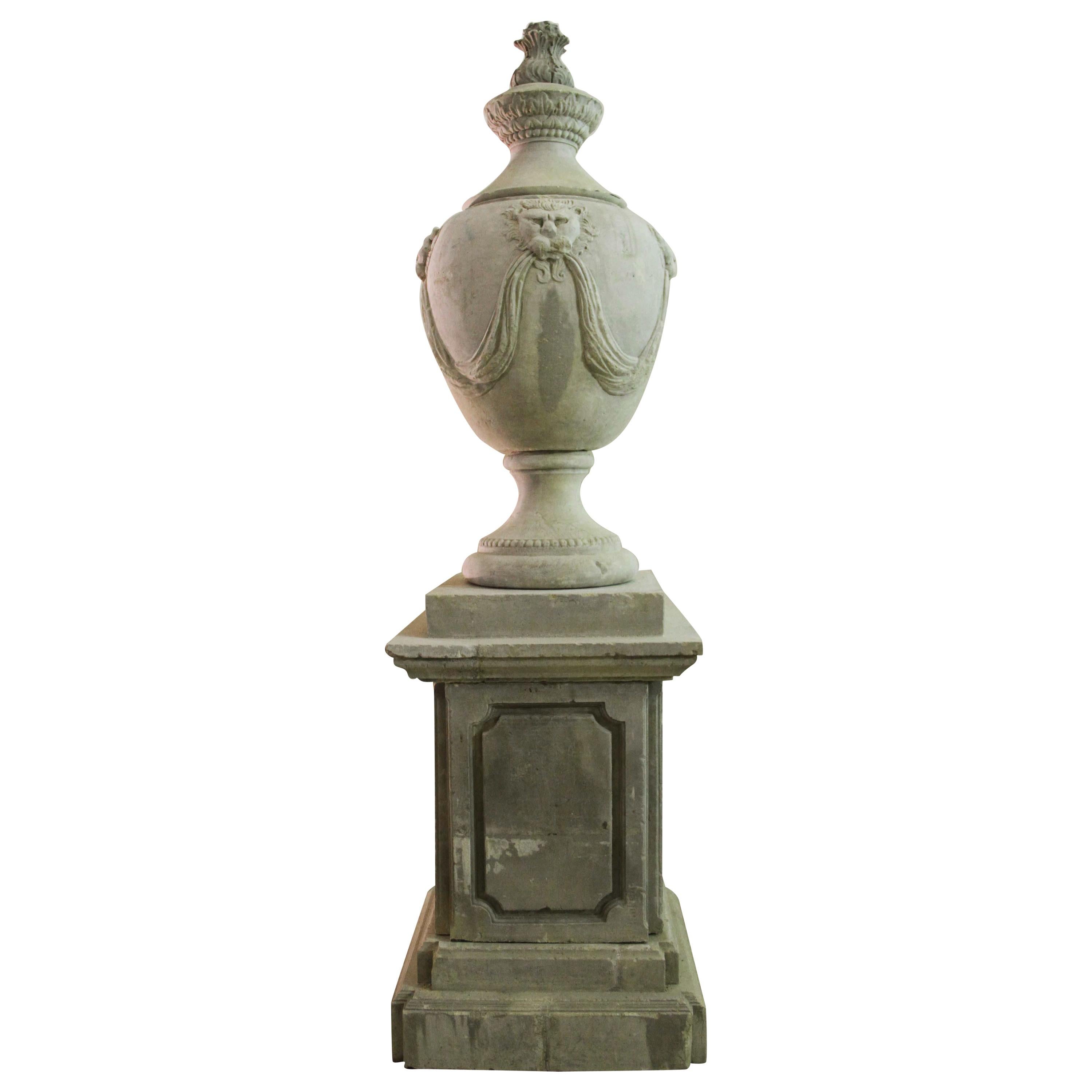 Renaissance Urn Italian Style, Hand-Carved Pure Limestone, Including Pedestal For Sale