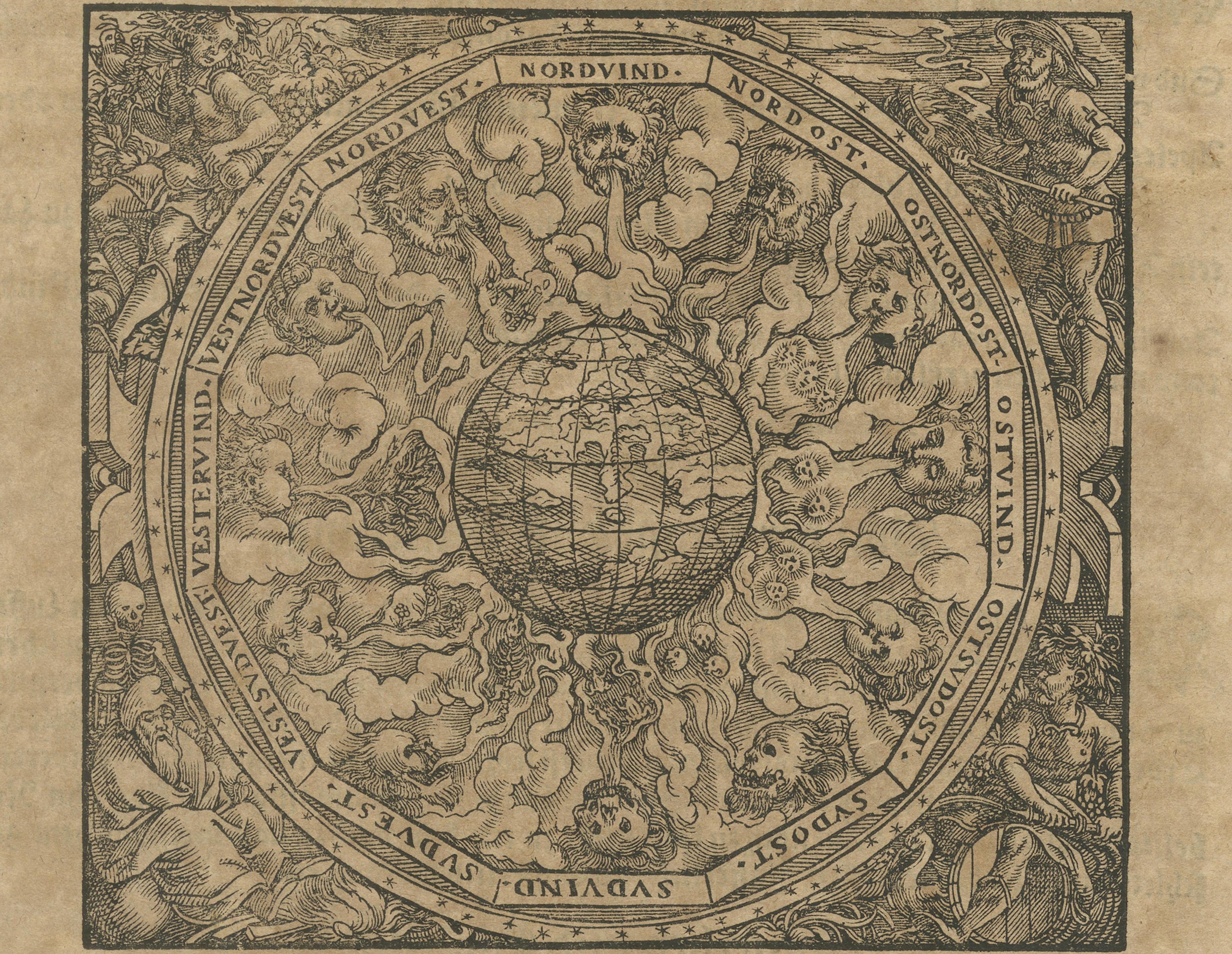Renaissance Wind Cosmology Woodcut with Globe & Elemental Winds, c.1590