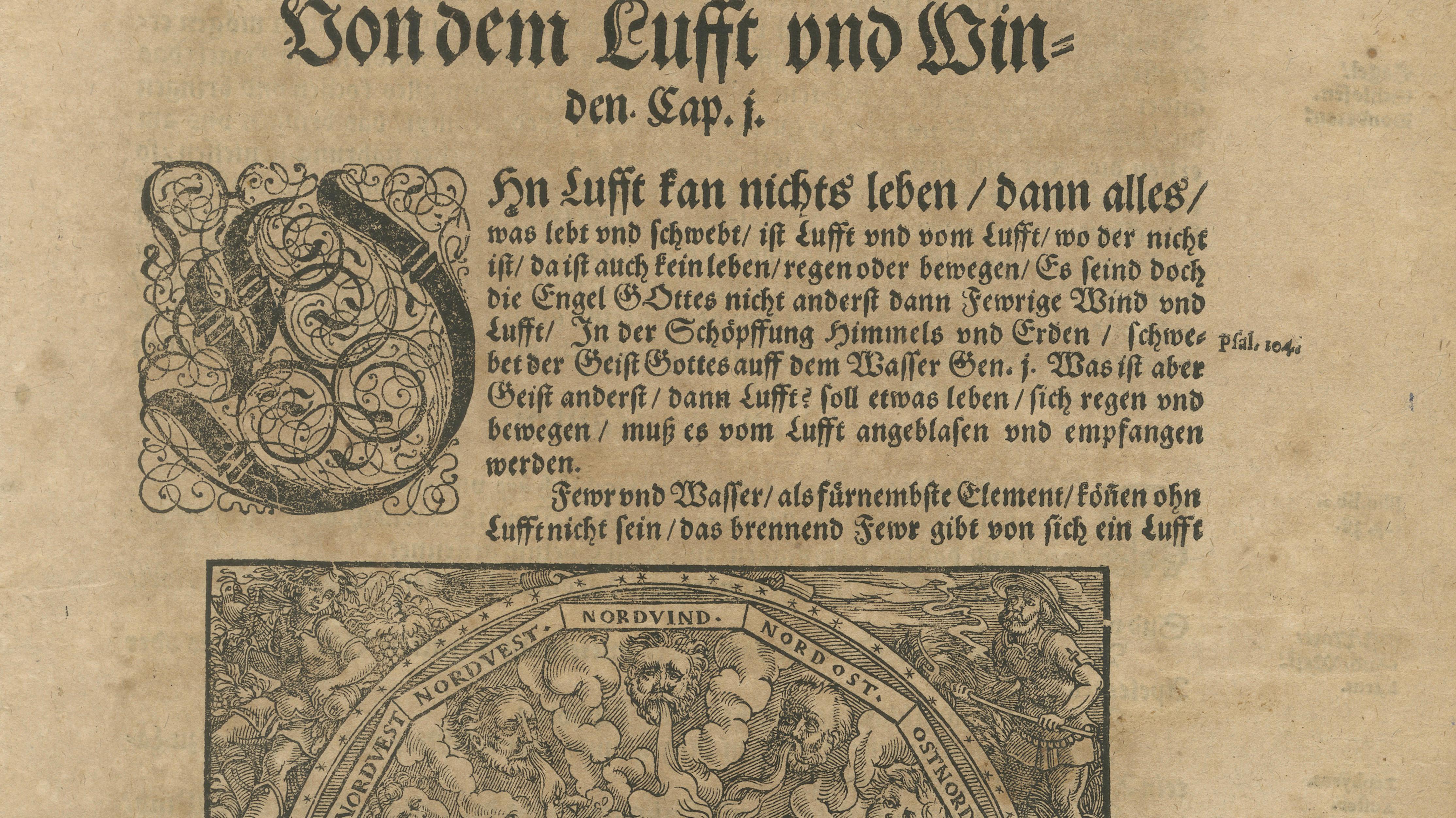 Renaissance Wind Cosmology Woodcut with Globe & Elemental Winds, c.1590