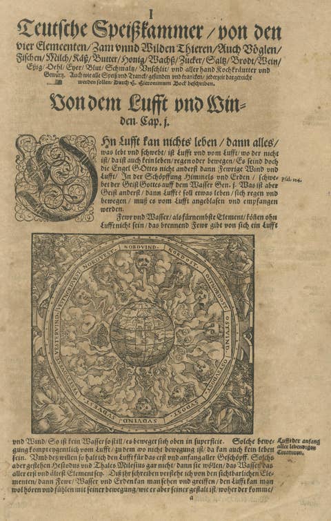 Renaissance Wind Cosmology Woodcut with Globe & Elemental Winds, c.1590
