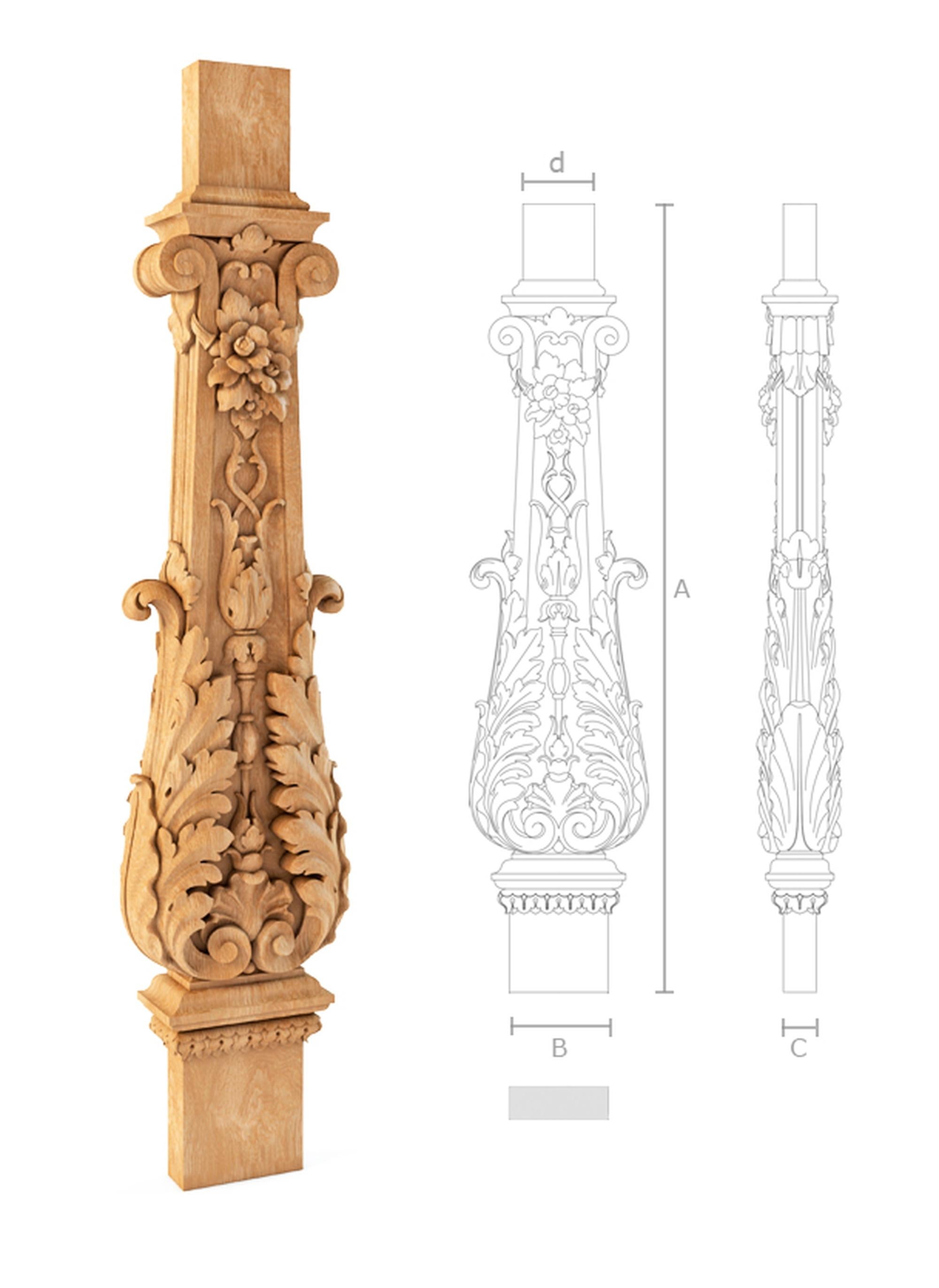 Unfinished high quality carved baluster from oak or beech of your choice.

>> SKU: L-106

>> Dimensions (A  x B x C x d x f):

- 37.8