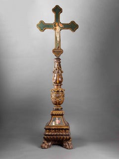 renaissance wooden candelabrum and painted cross -  Umbria, 16th century