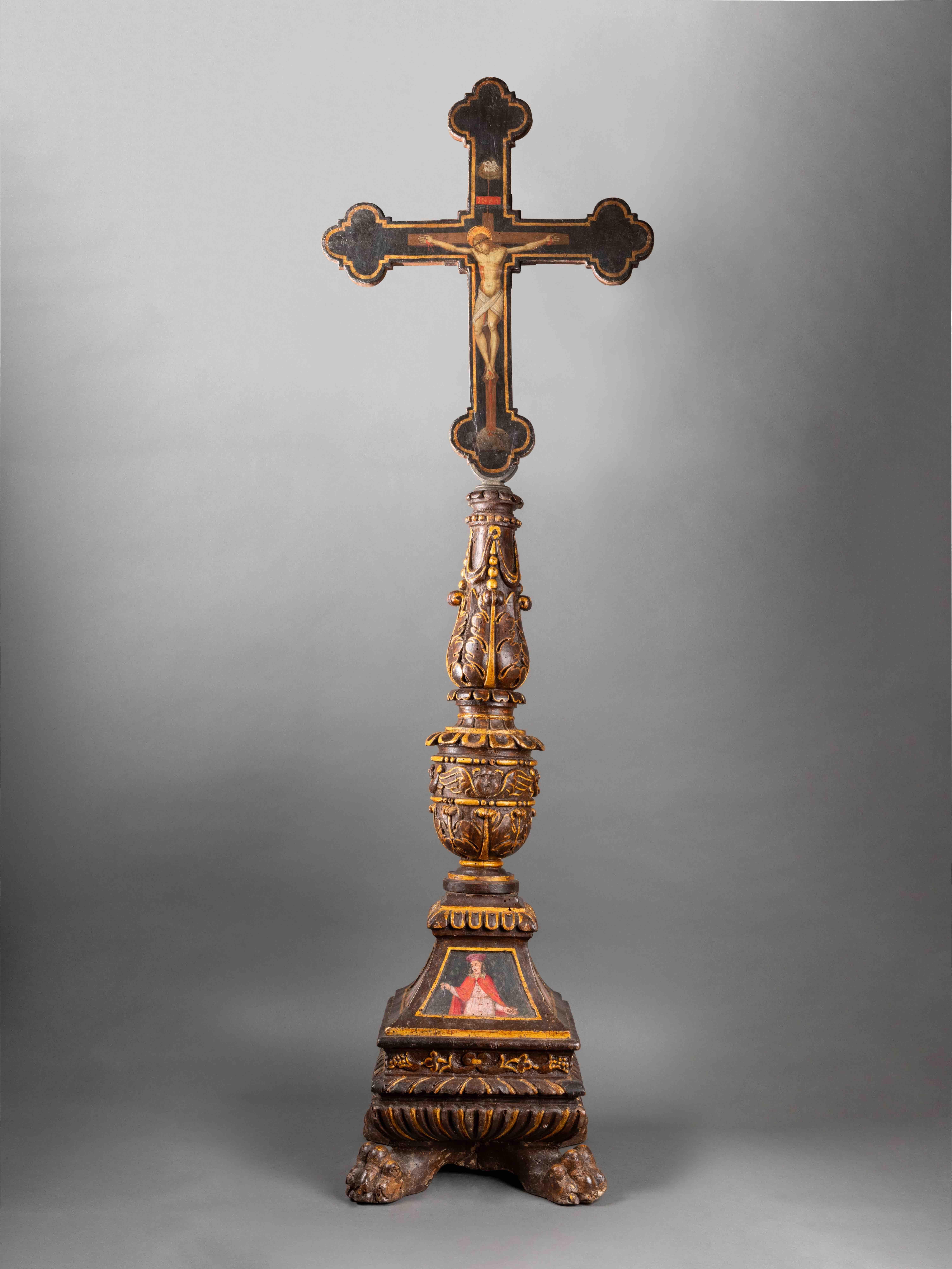 Renaissance renaissance wooden candelabrum and painted cross -  Umbria, 16th century For Sale
