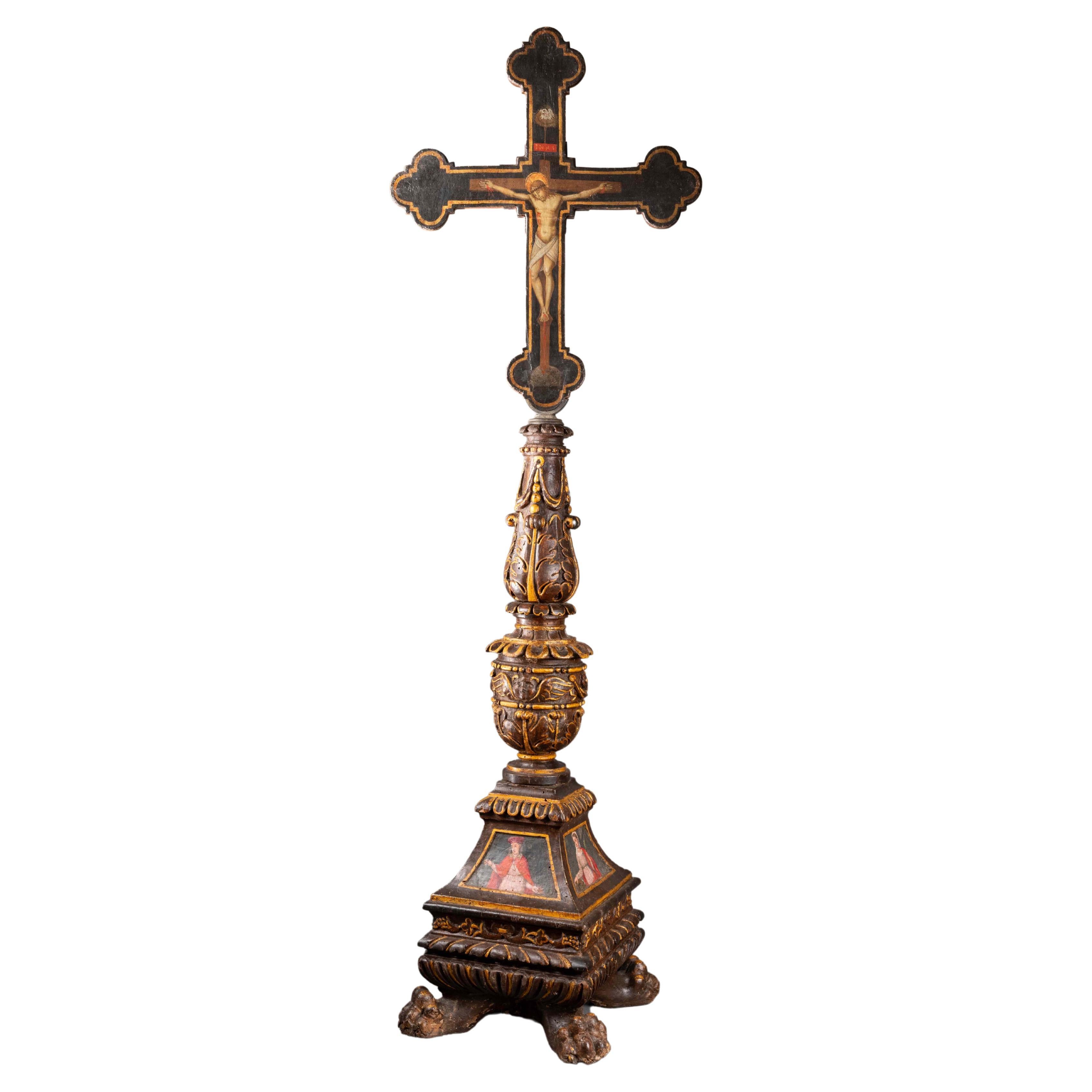 renaissance wooden candelabrum and painted cross -  Umbria, 16th century For Sale