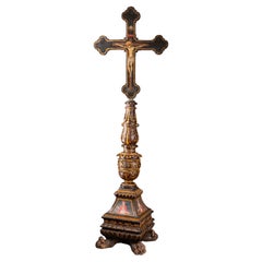 renaissance wooden candelabrum and painted cross -  Umbria, 16th century