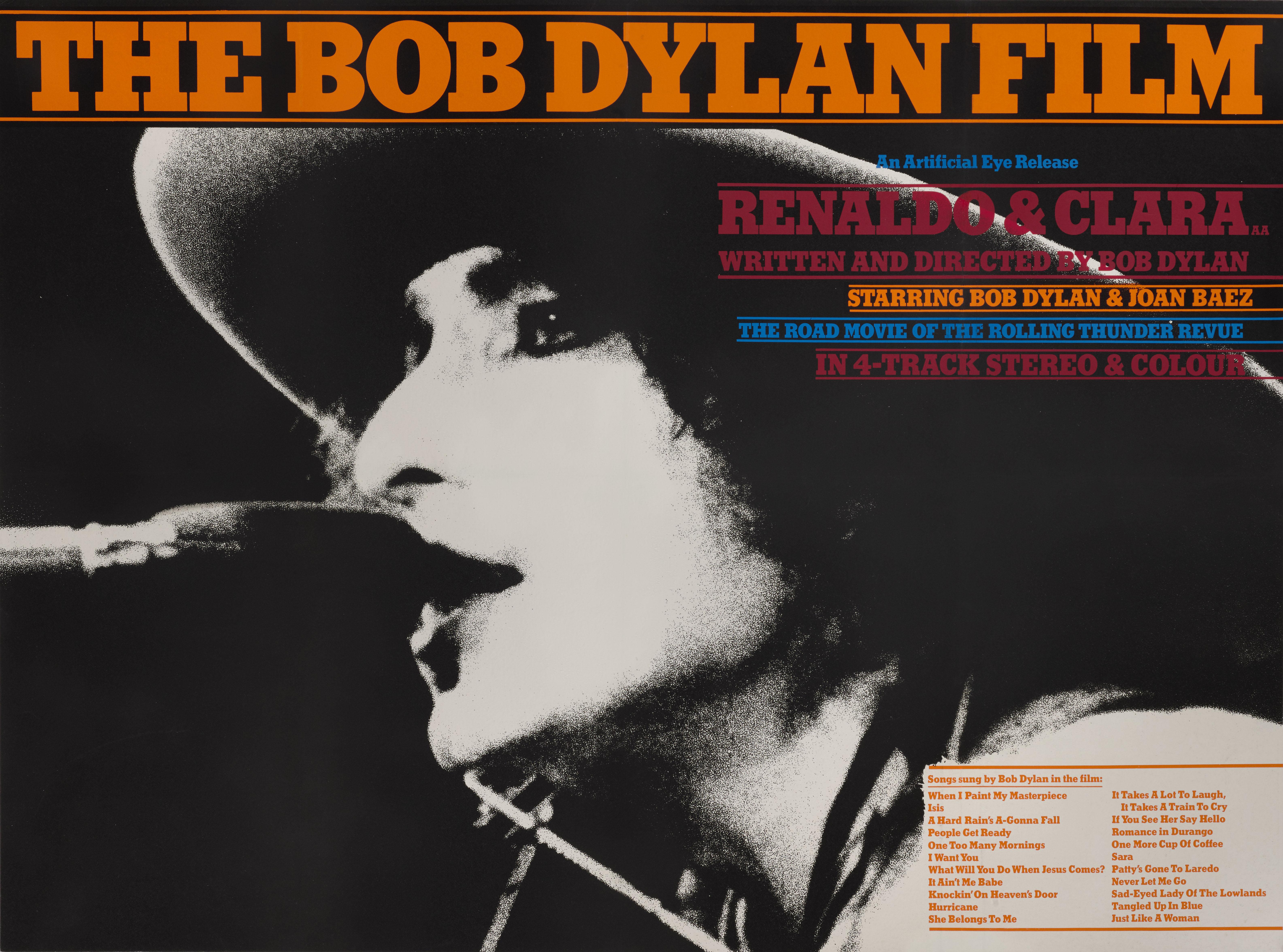 Affiche de film britannique originale pour le film Renaldo et Clara de 1978. Ce film a été réalisé par Bob Dylan et a été écrit par Dylan et Sam Shepard. Il met en vedette Bob Dylan, Sara Dylan et Joan Baez, ainsi que des performances de nombreux