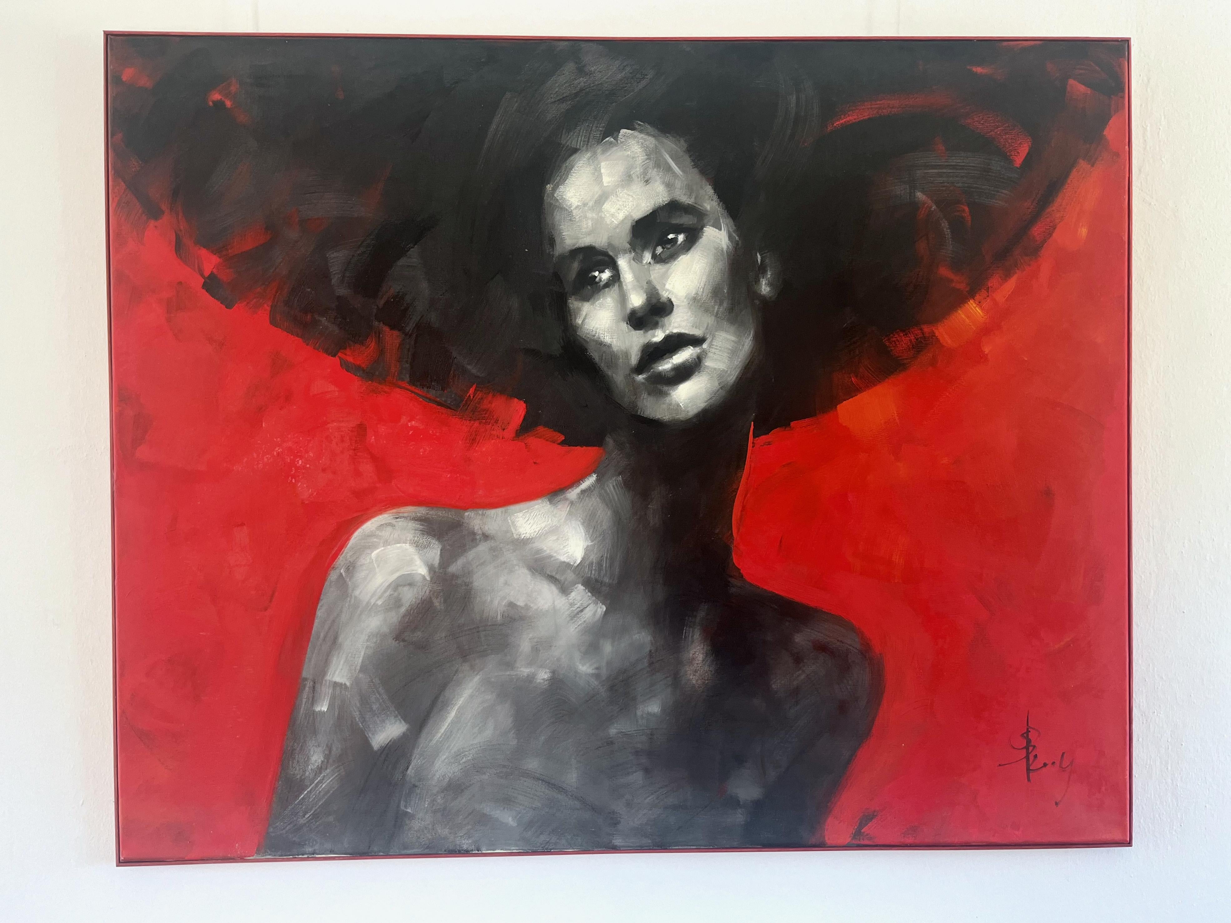 Frauenporträt auf rotem Hintergrund – modernes expressionistisches, figuratives Ölgemälde – Painting von Renata Brzozowska