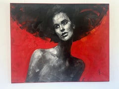 Frauenporträt auf rotem Hintergrund – modernes expressionistisches, figuratives Ölgemälde