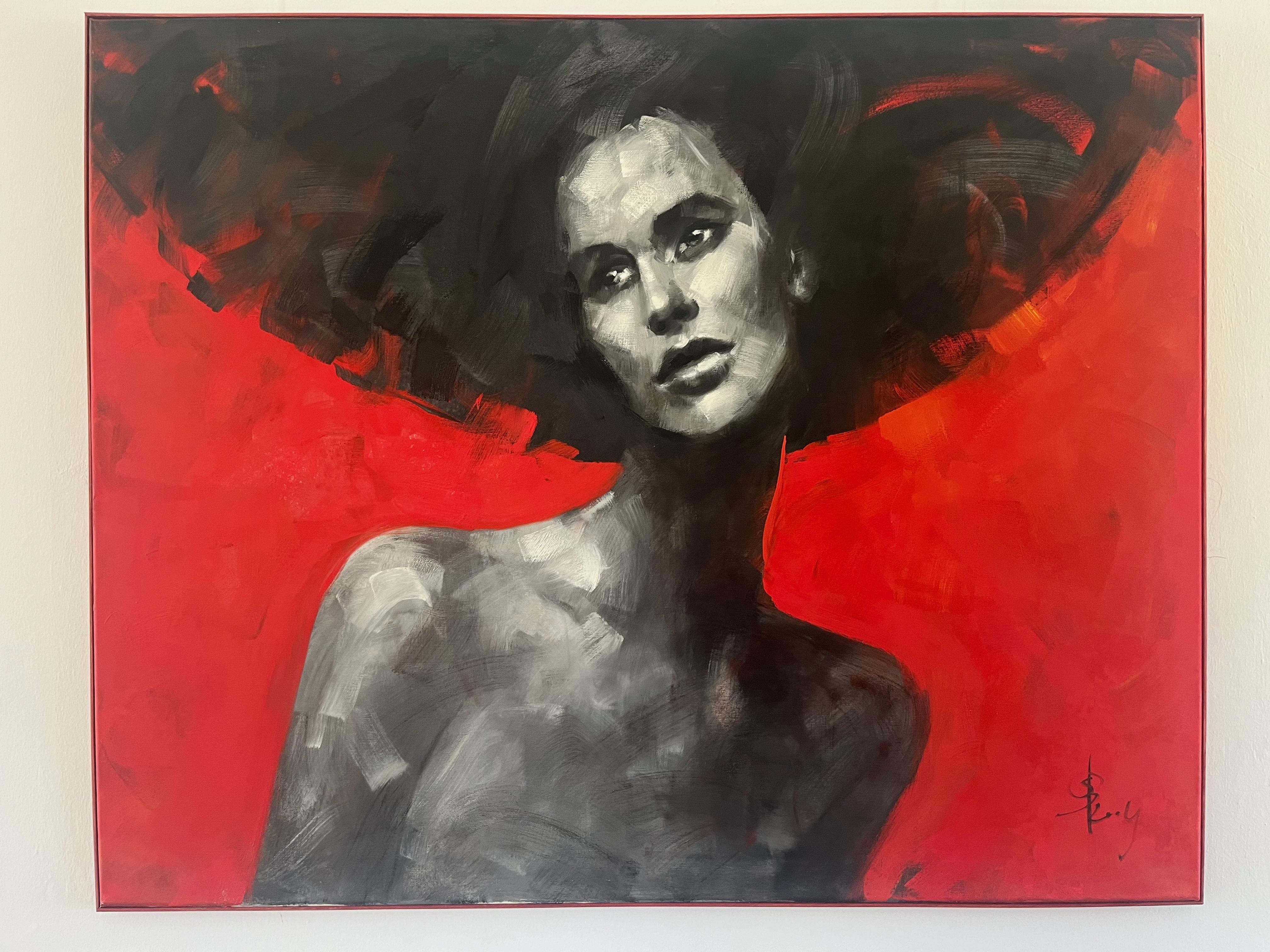 Frauenporträt auf rotem Hintergrund – modernes expressionistisches, figuratives Ölgemälde im Angebot 3