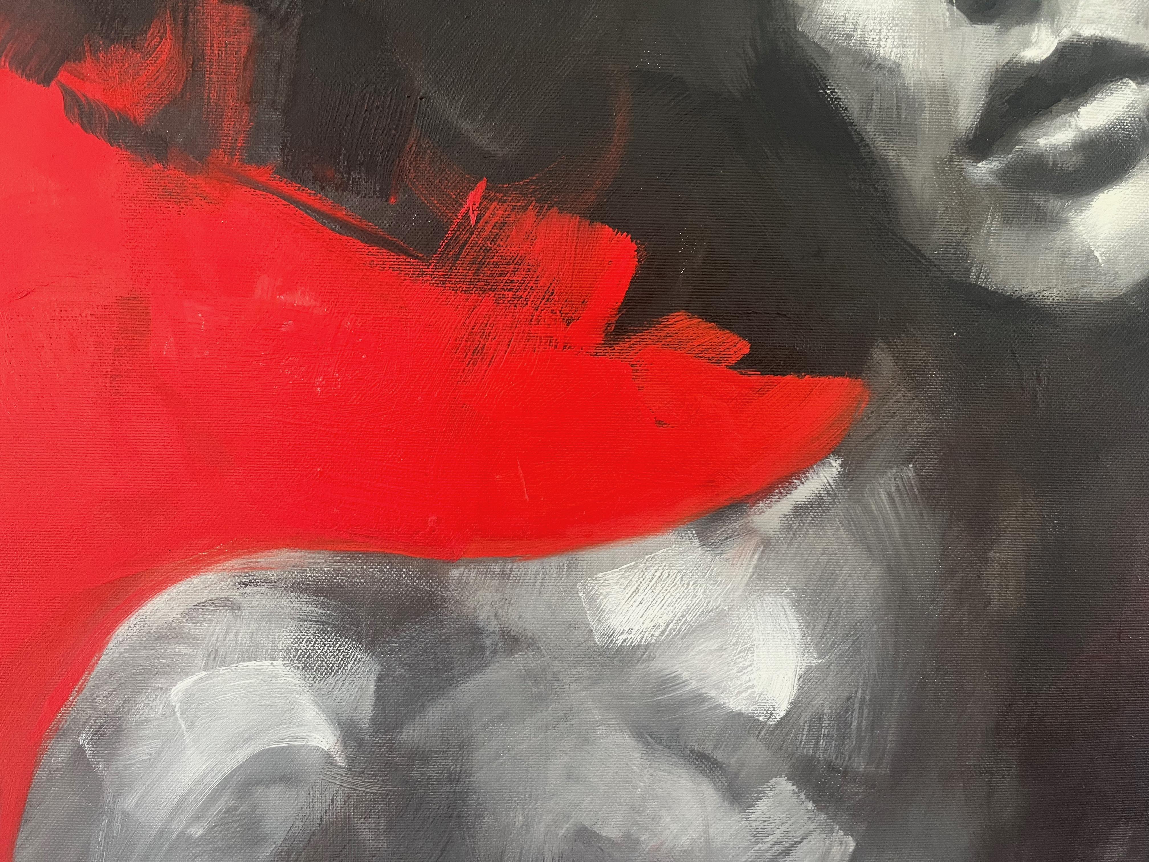 Frauenporträt auf rotem Hintergrund – modernes expressionistisches, figuratives Ölgemälde im Angebot 4