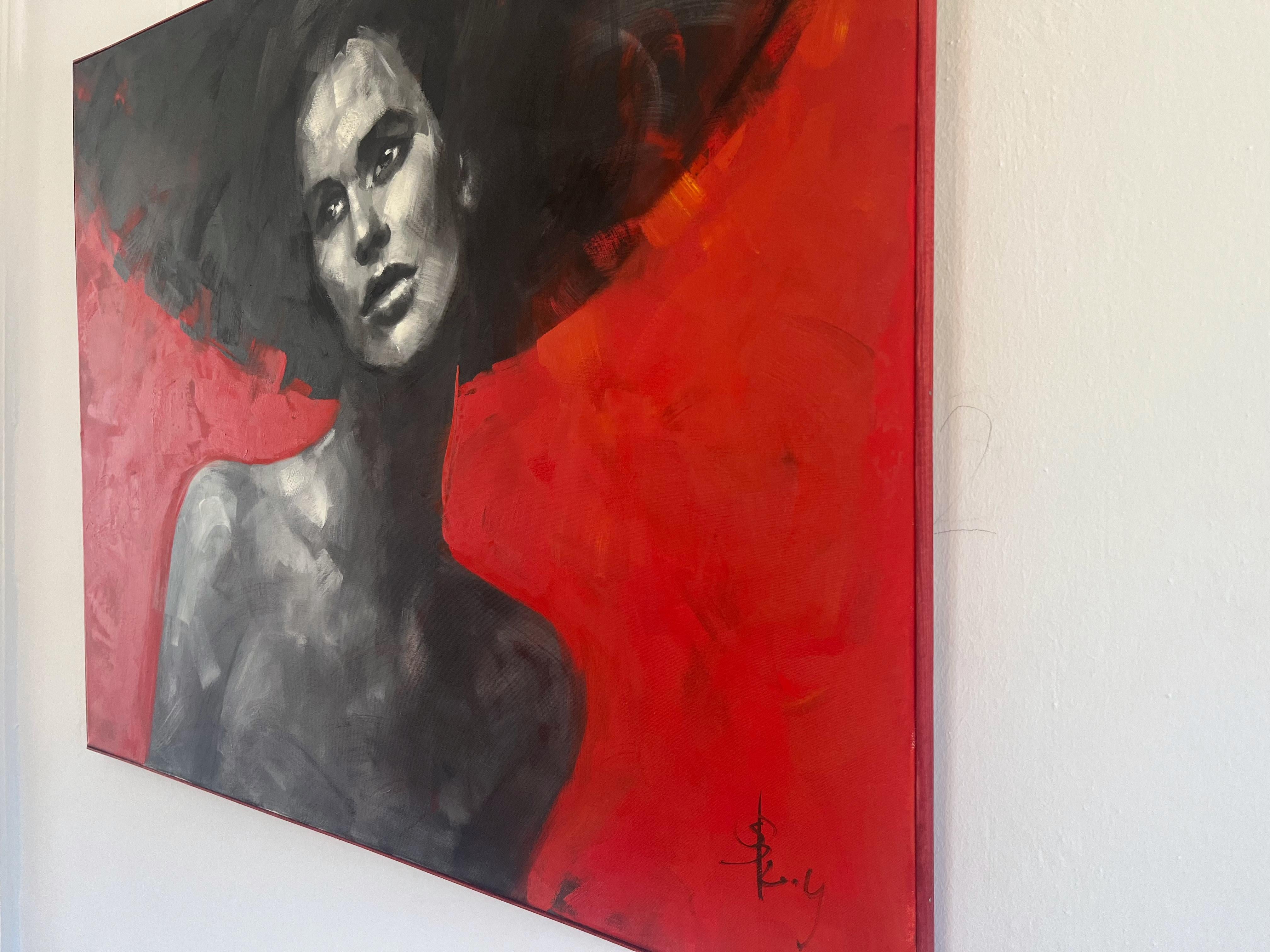 Frauenporträt auf rotem Hintergrund – modernes expressionistisches, figuratives Ölgemälde im Angebot 5
