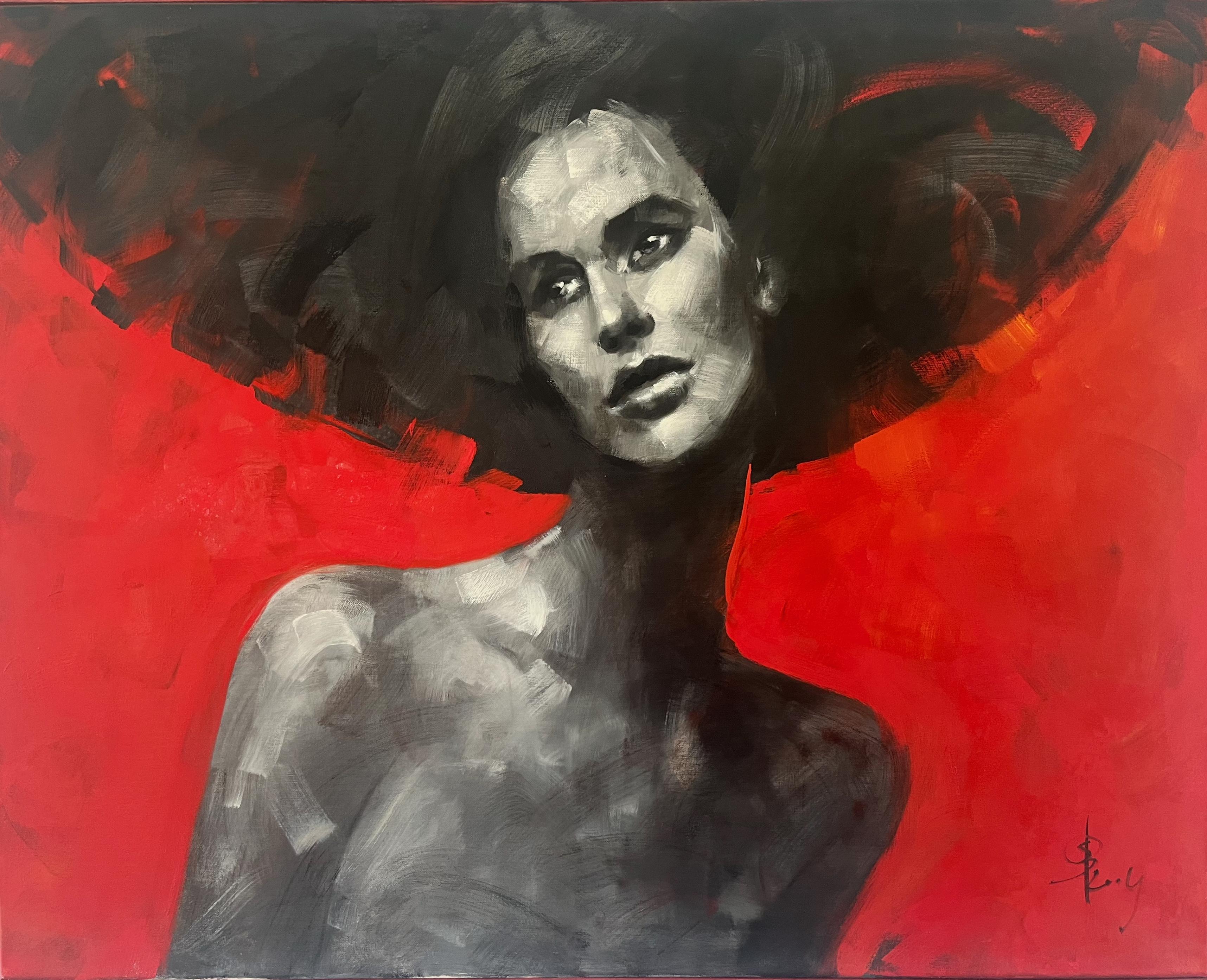 Retrato de mujer sobre fondo rojo - Pintura al óleo figurativa expresiva moderna