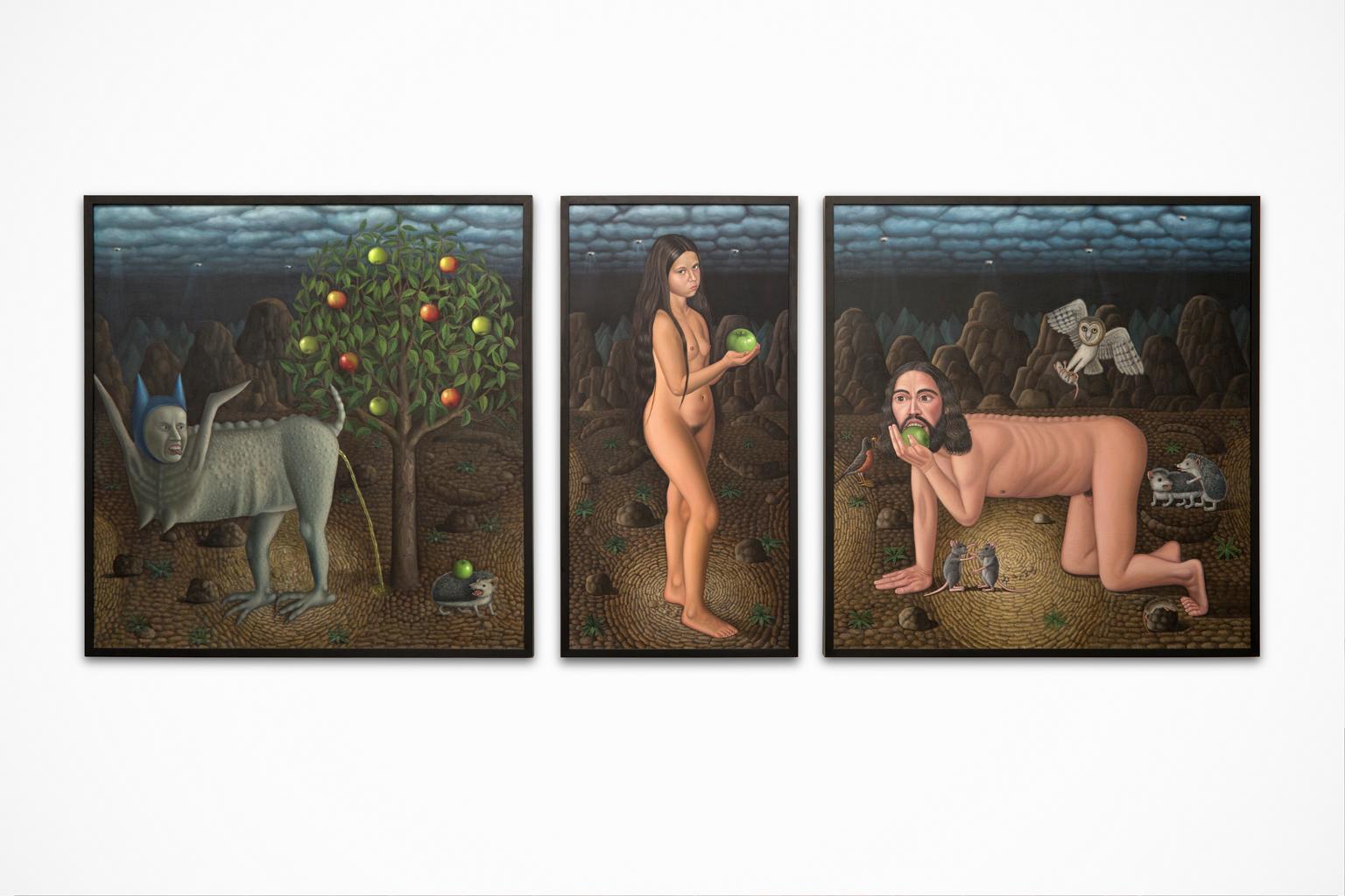Renata Palubinskas Figurative Painting - "Adam and Eve Triptych" Contemporary Surrealism with Hieronymous Bosch Attitude