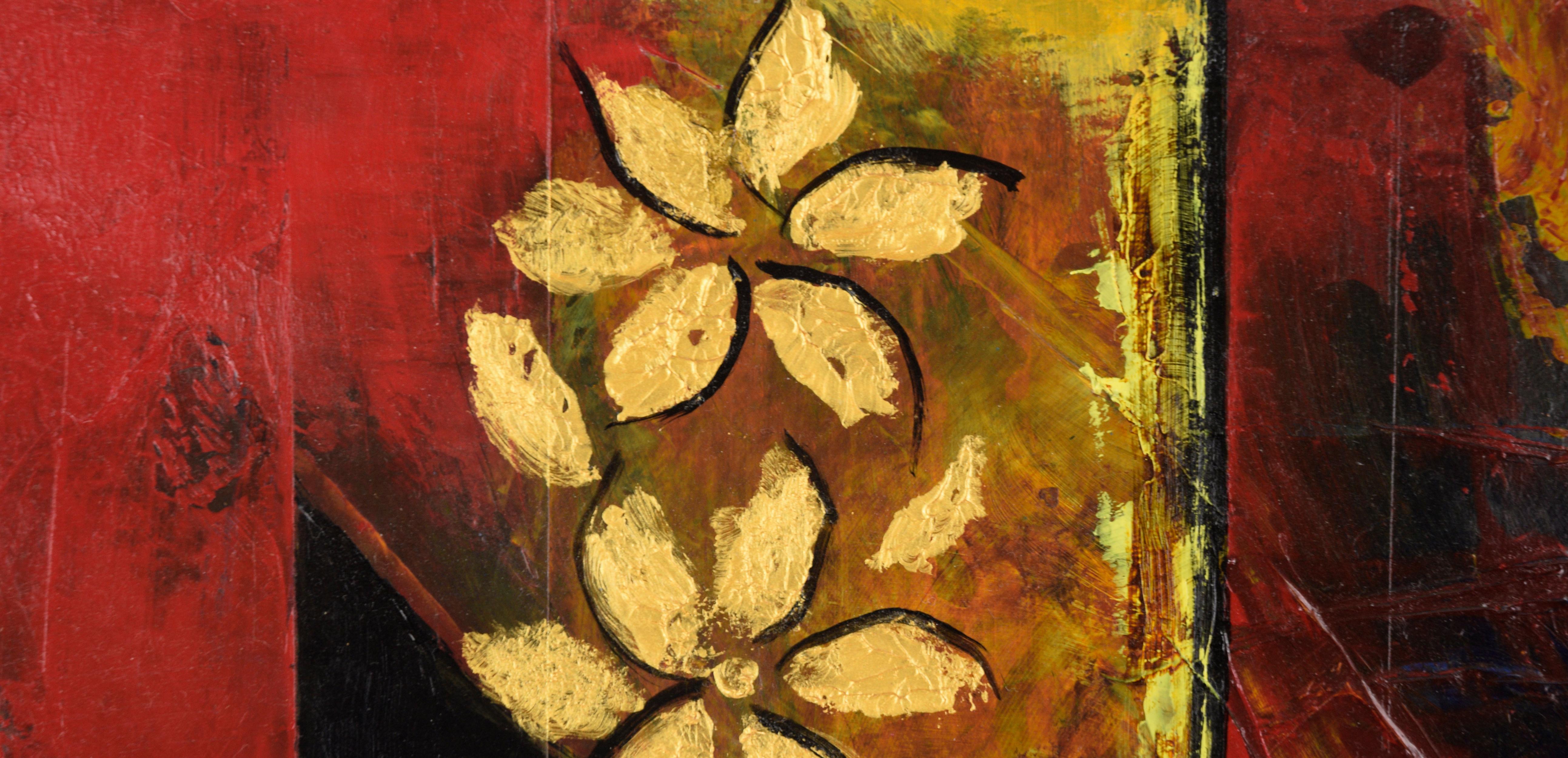 Golden Flowers #1 - Abstract Expressionist - Painting by Renata Rosa