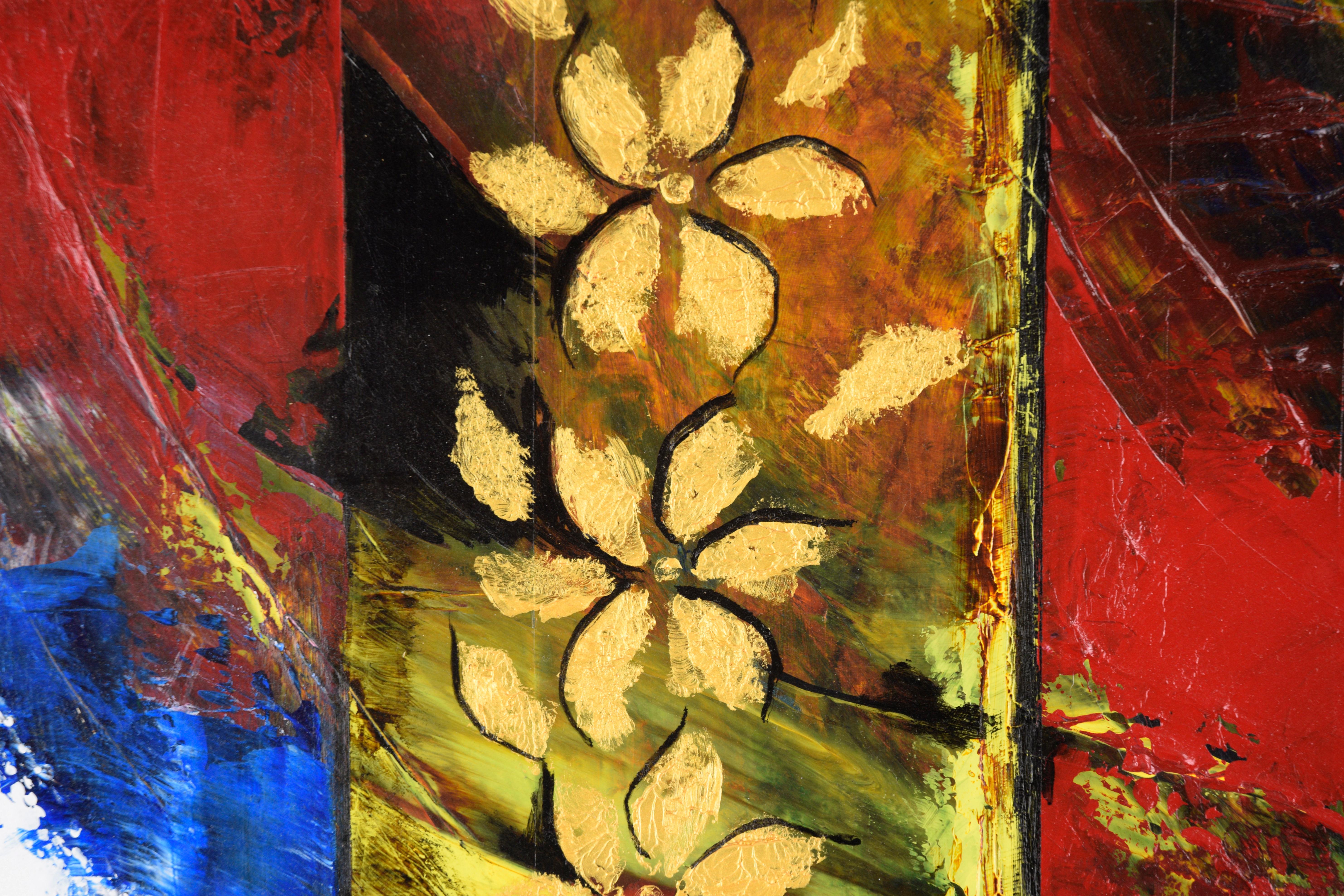 Flowers dorées n°1 - Expressionniste abstrait - Expressionnisme abstrait Painting par Renata Rosa